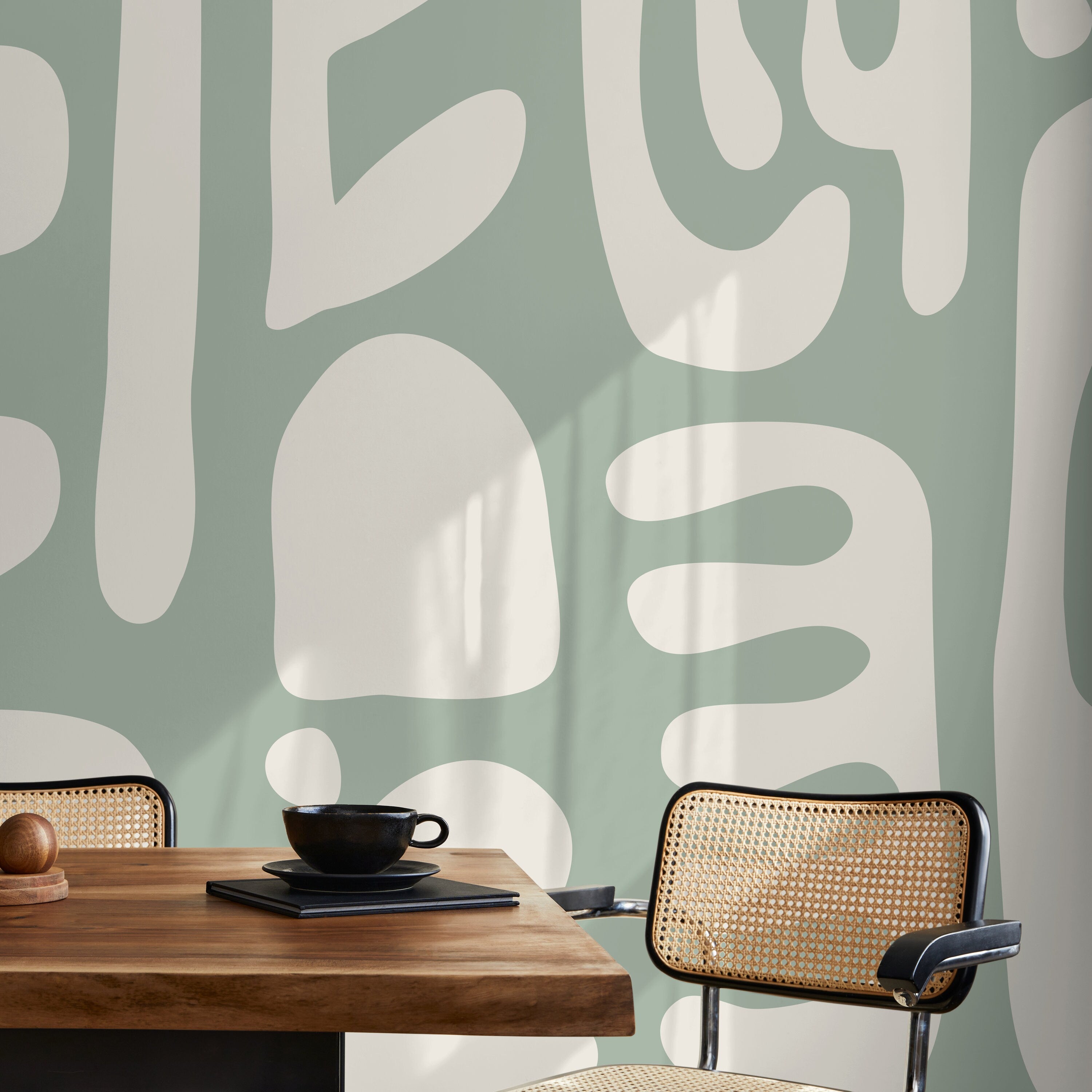 Abstract Wallpaper With Large Scale Organic Shapes In Sage Green And Cream - D593