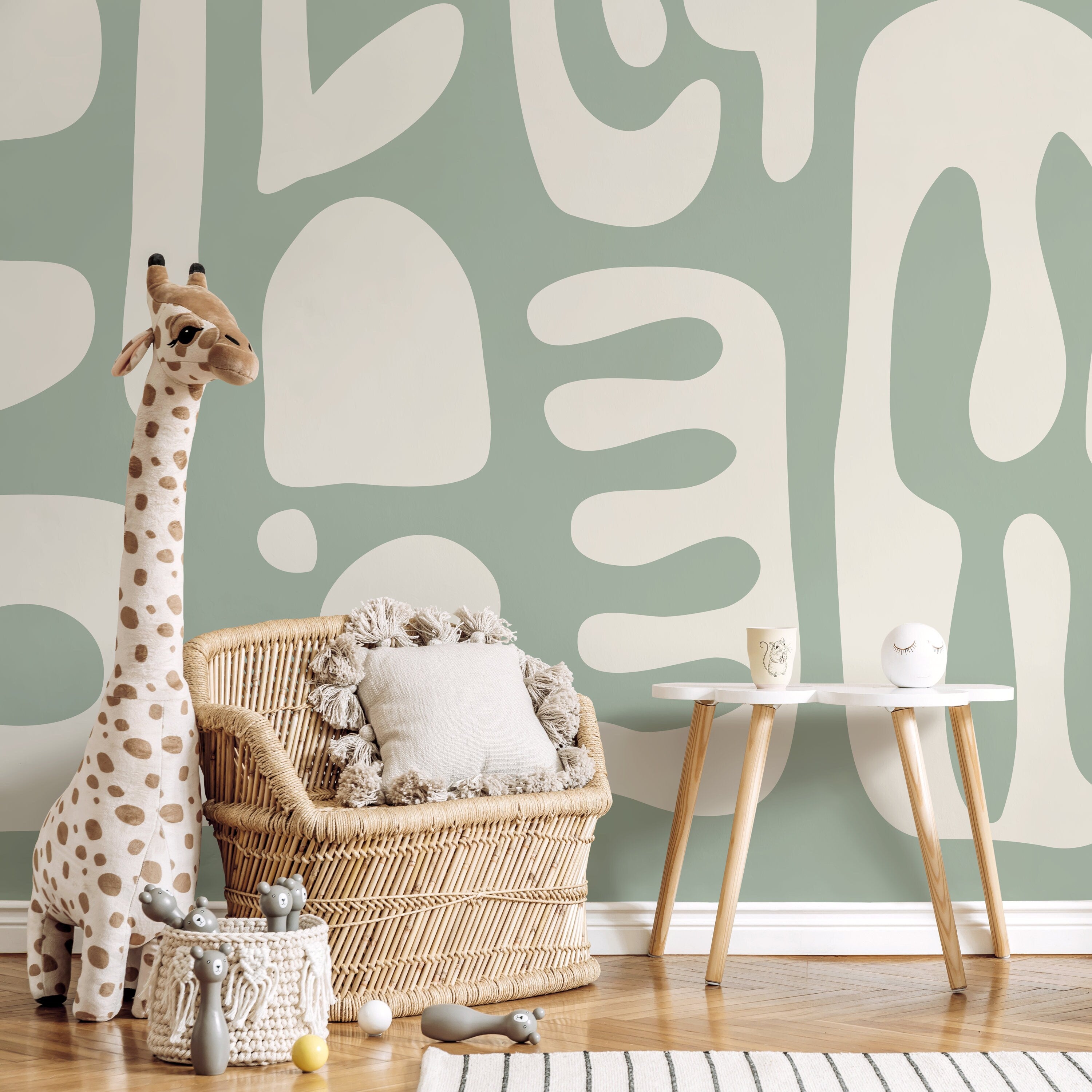 Abstract Wallpaper With Large Scale Organic Shapes In Sage Green And Cream - D593