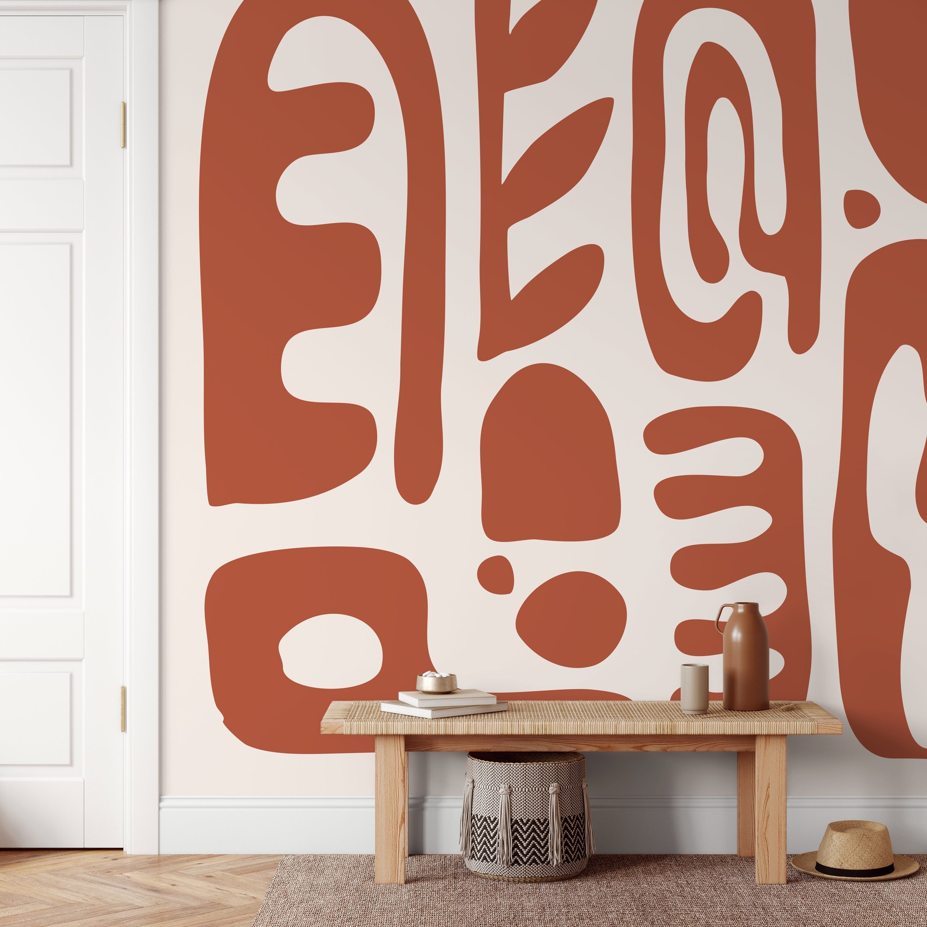 Abstract Wallpaper With Bold Organic Shapes In Terracotta And Cream - D595
