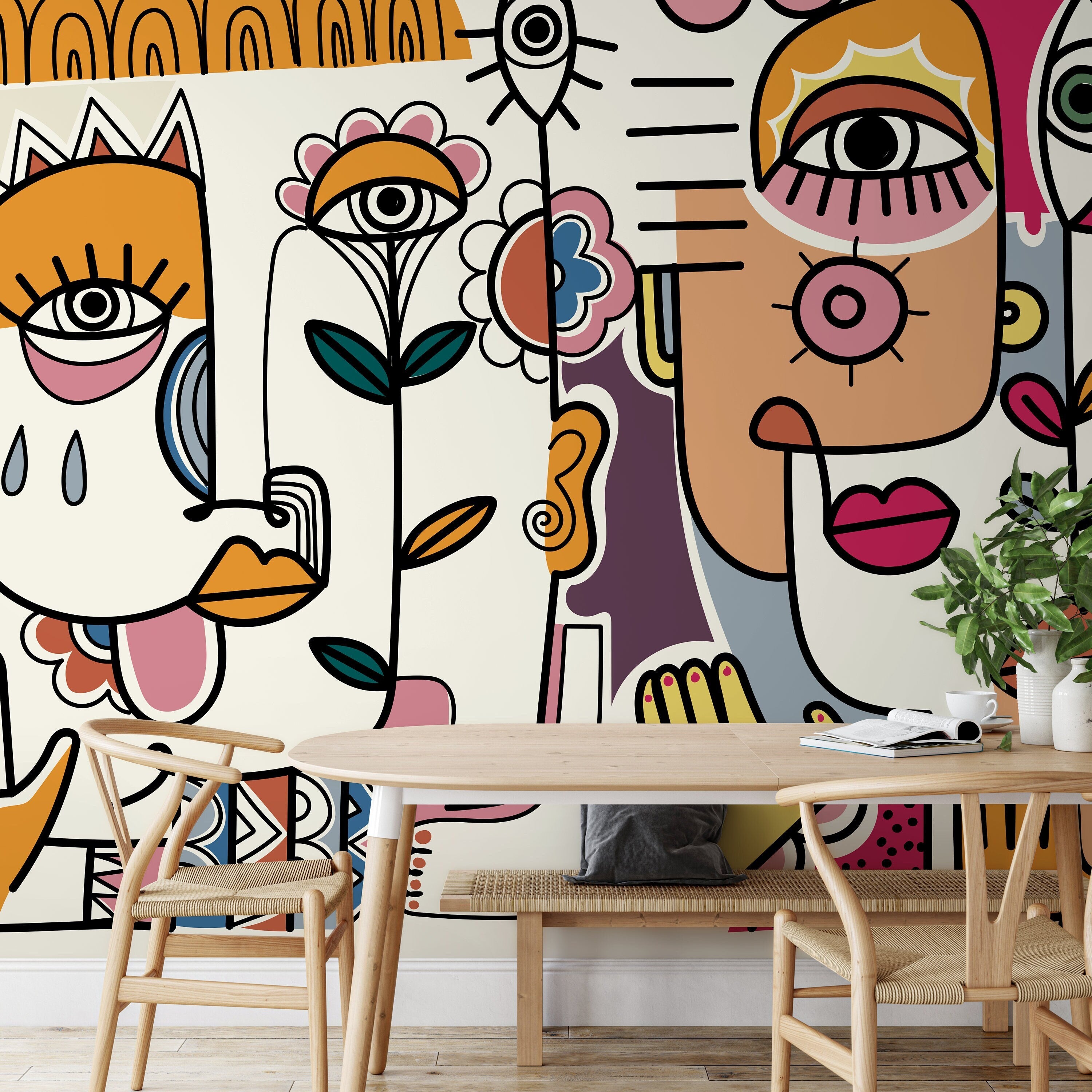 Abstract Wallpaper With A Cubist Face Collage In Pink, Orange, And Yellow - D597