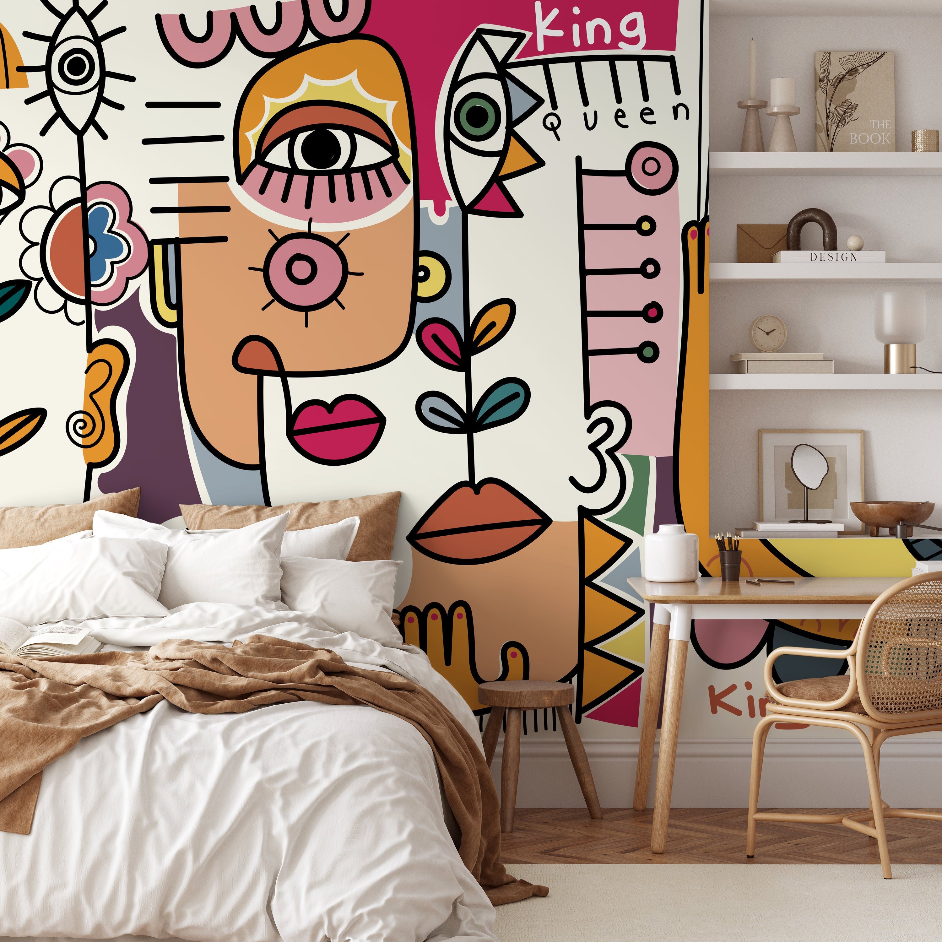 Abstract Wallpaper With A Cubist Face Collage In Pink, Orange, And Yellow - D597