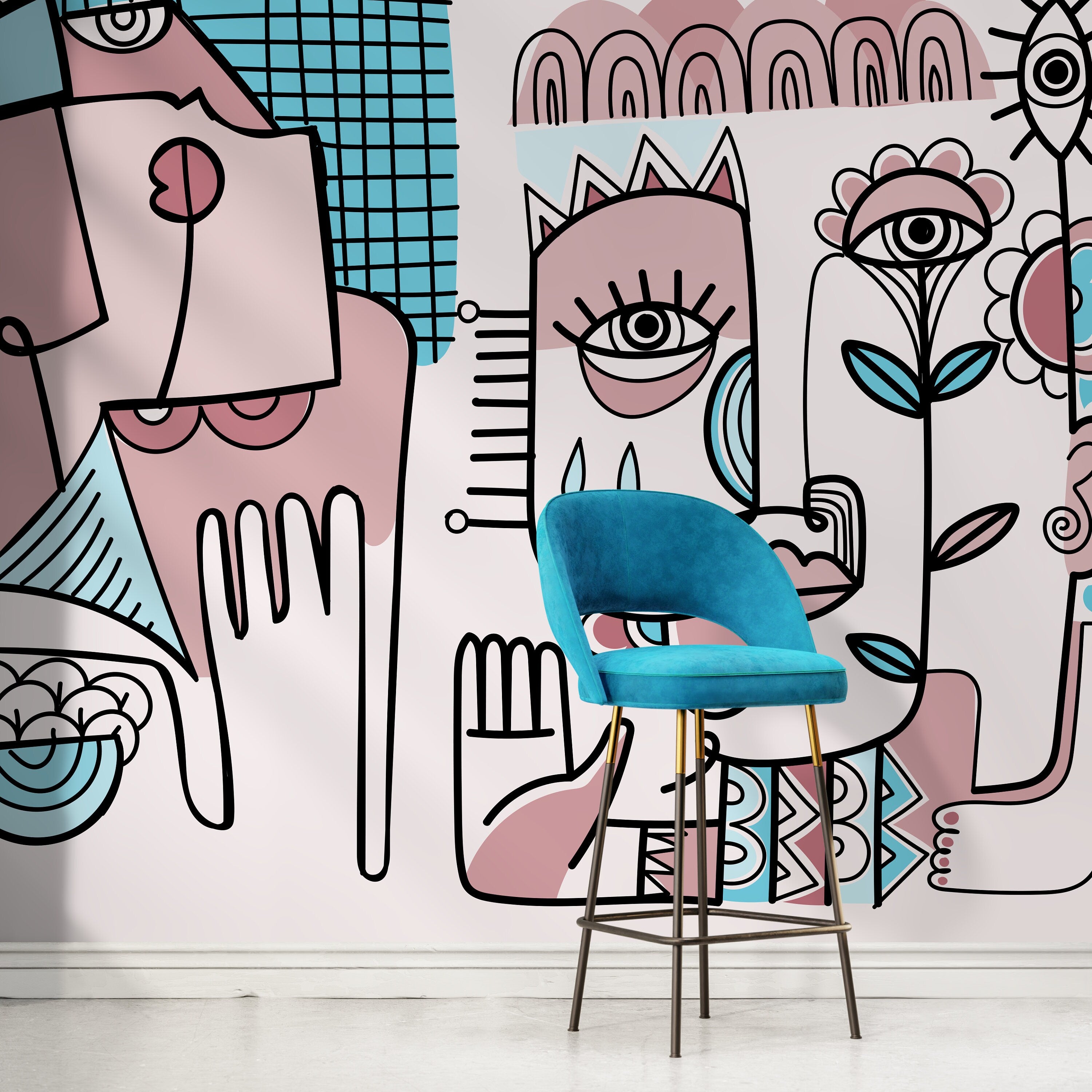 Abstract Wallpaper With Surrealist Faces And Florals In Pink And Blue - D598