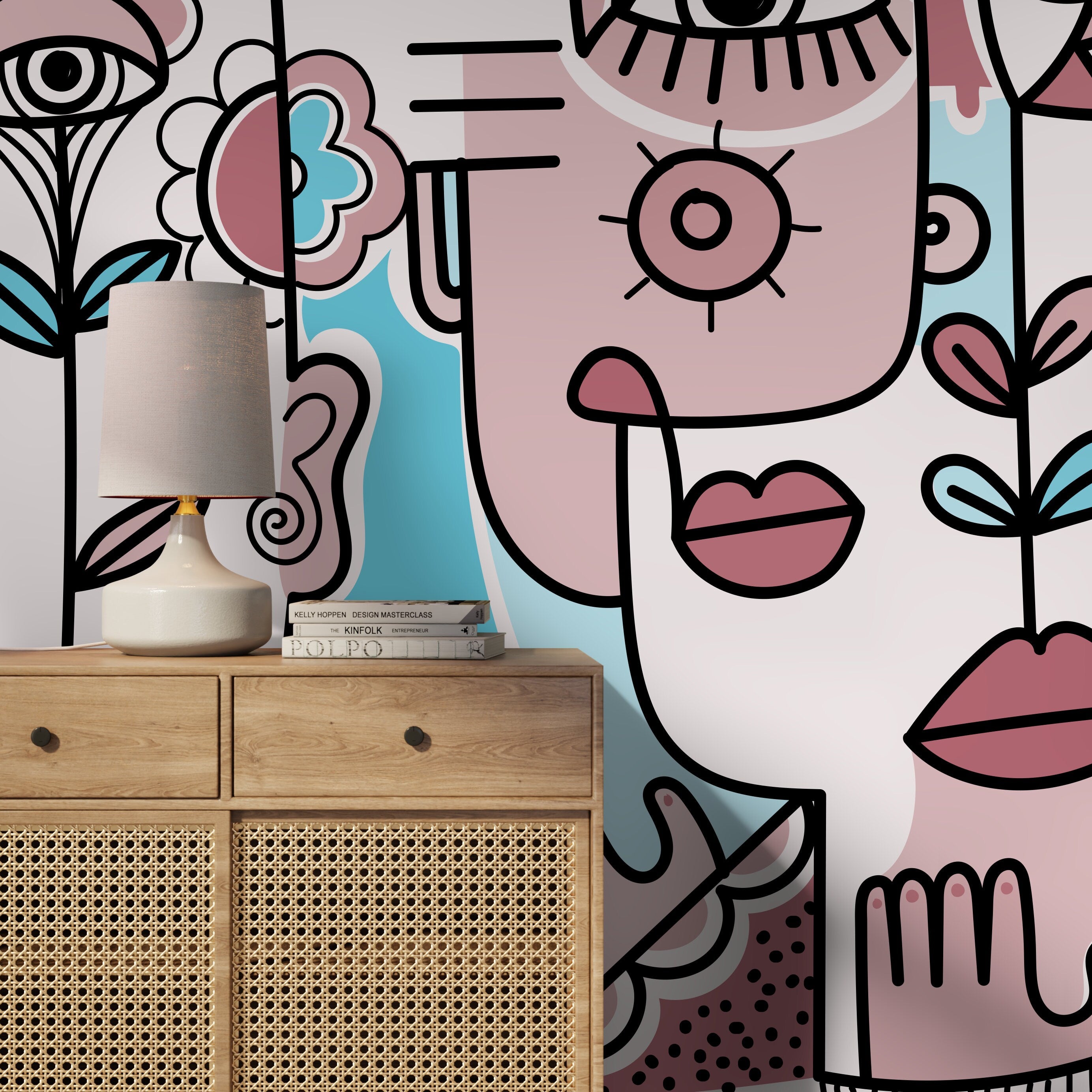 Abstract Wallpaper With Surrealist Faces And Florals In Pink And Blue - D598