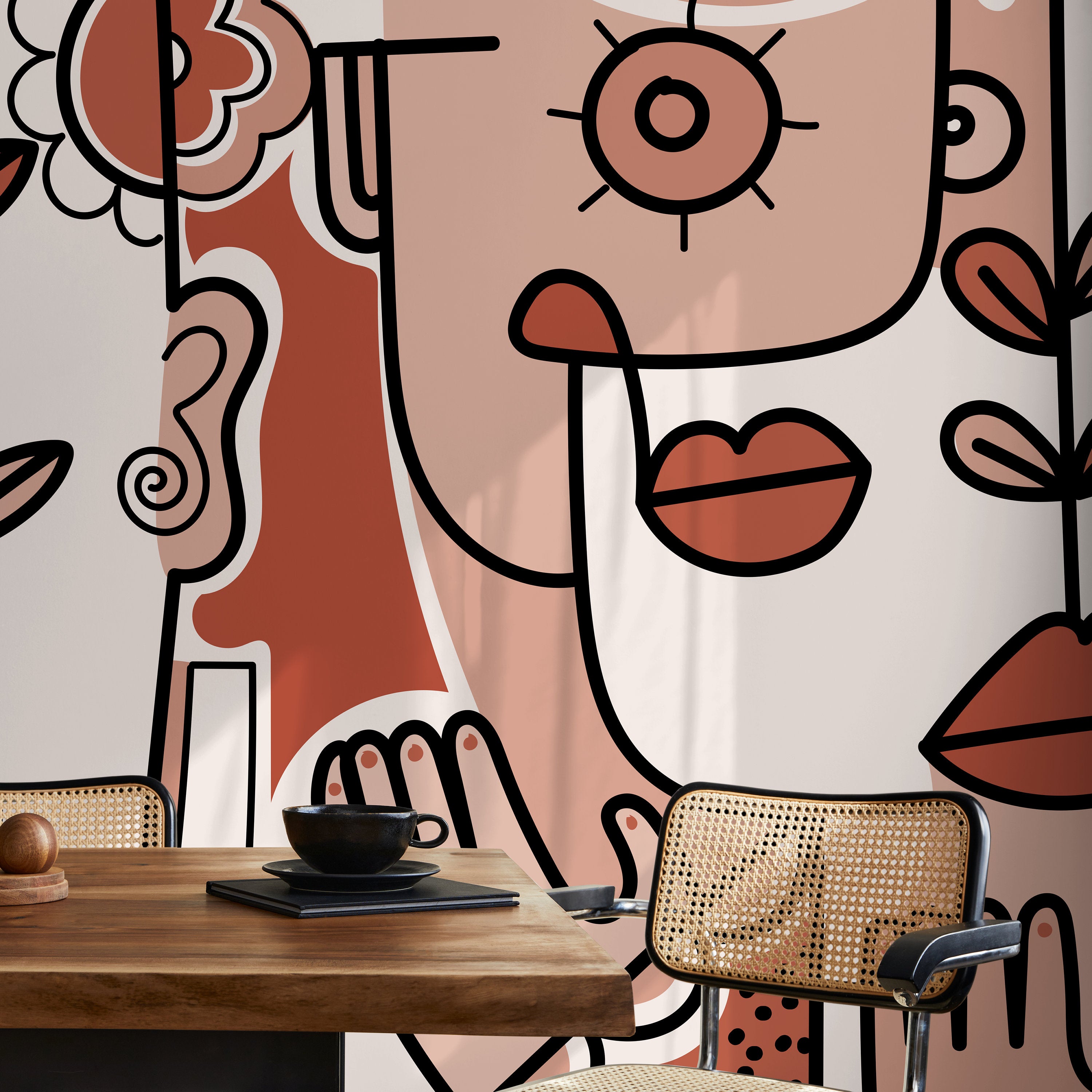 Abstract Wallpaper With Surreal Faces In Terracotta, Pink, And Black - D599