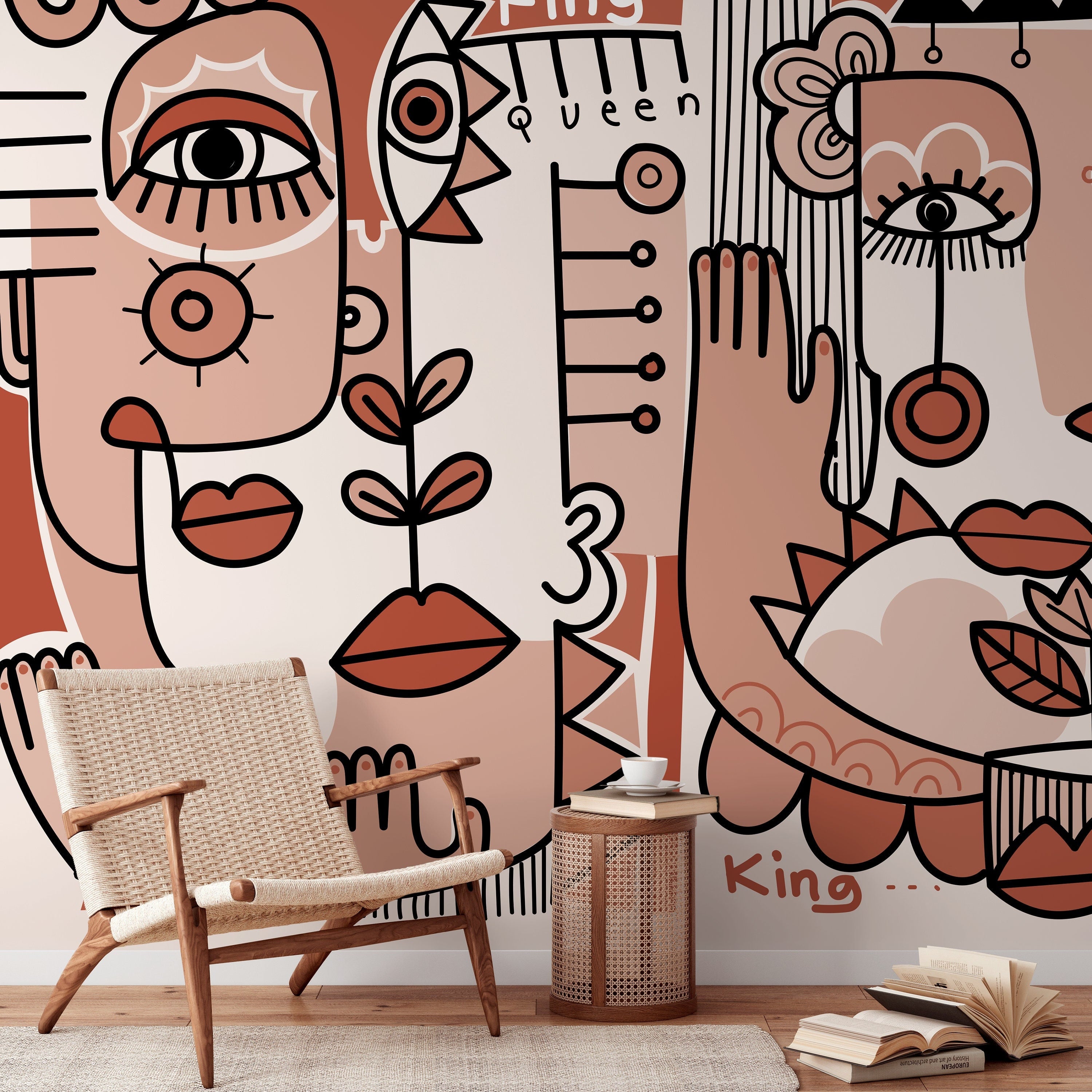 Abstract Wallpaper With Surreal Faces In Terracotta, Pink, And Black - D599