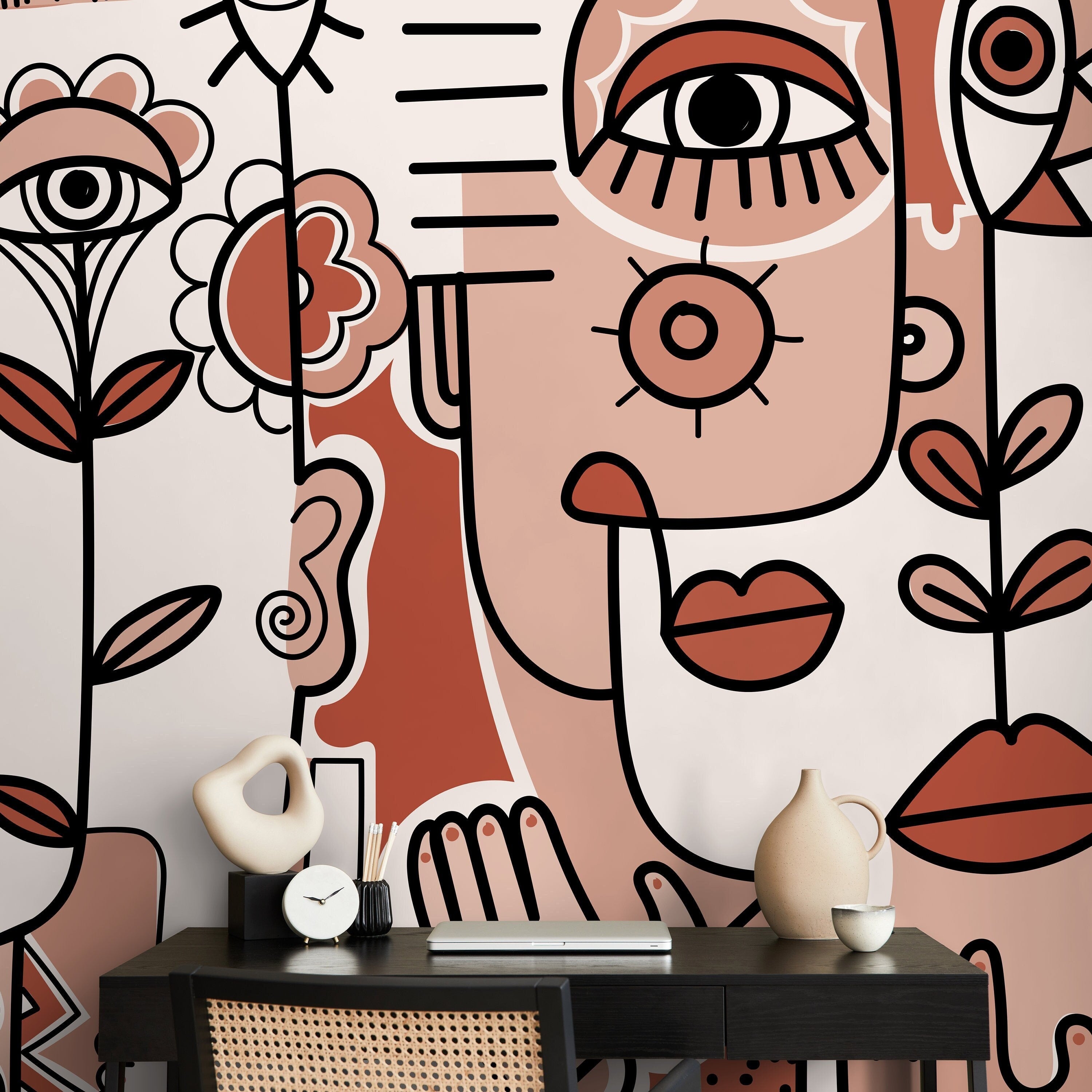 Abstract Wallpaper With Surreal Faces In Terracotta, Pink, And Black - D599