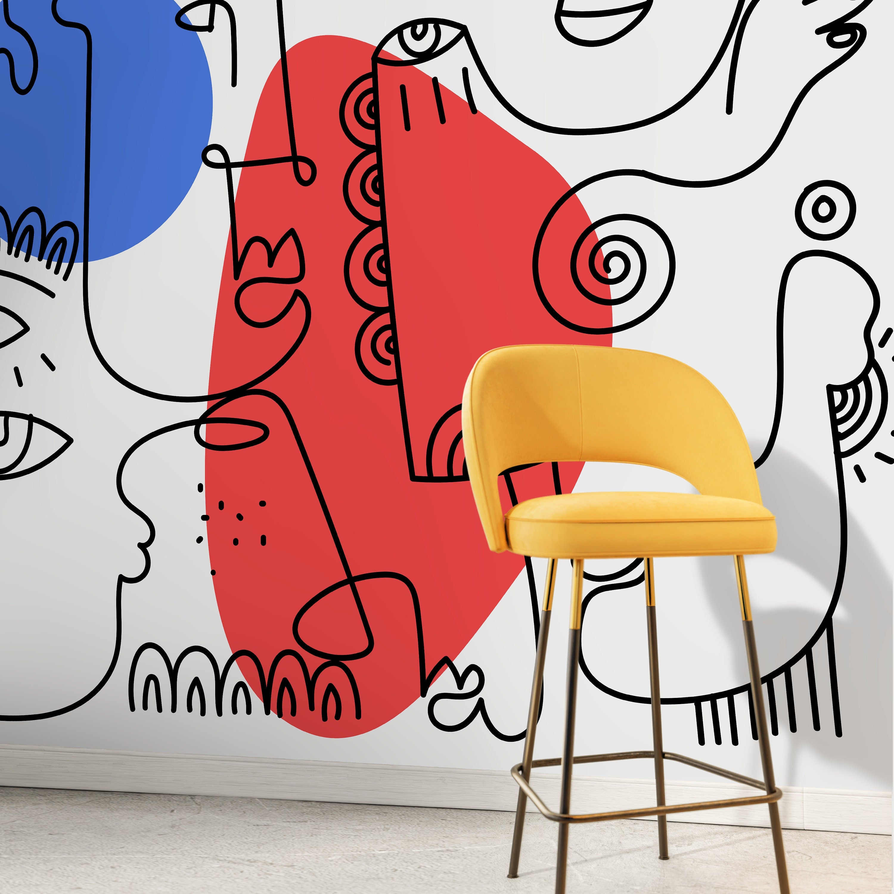 Abstract Wallpaper With Line Art Faces In Black, Red, And Blue - D601