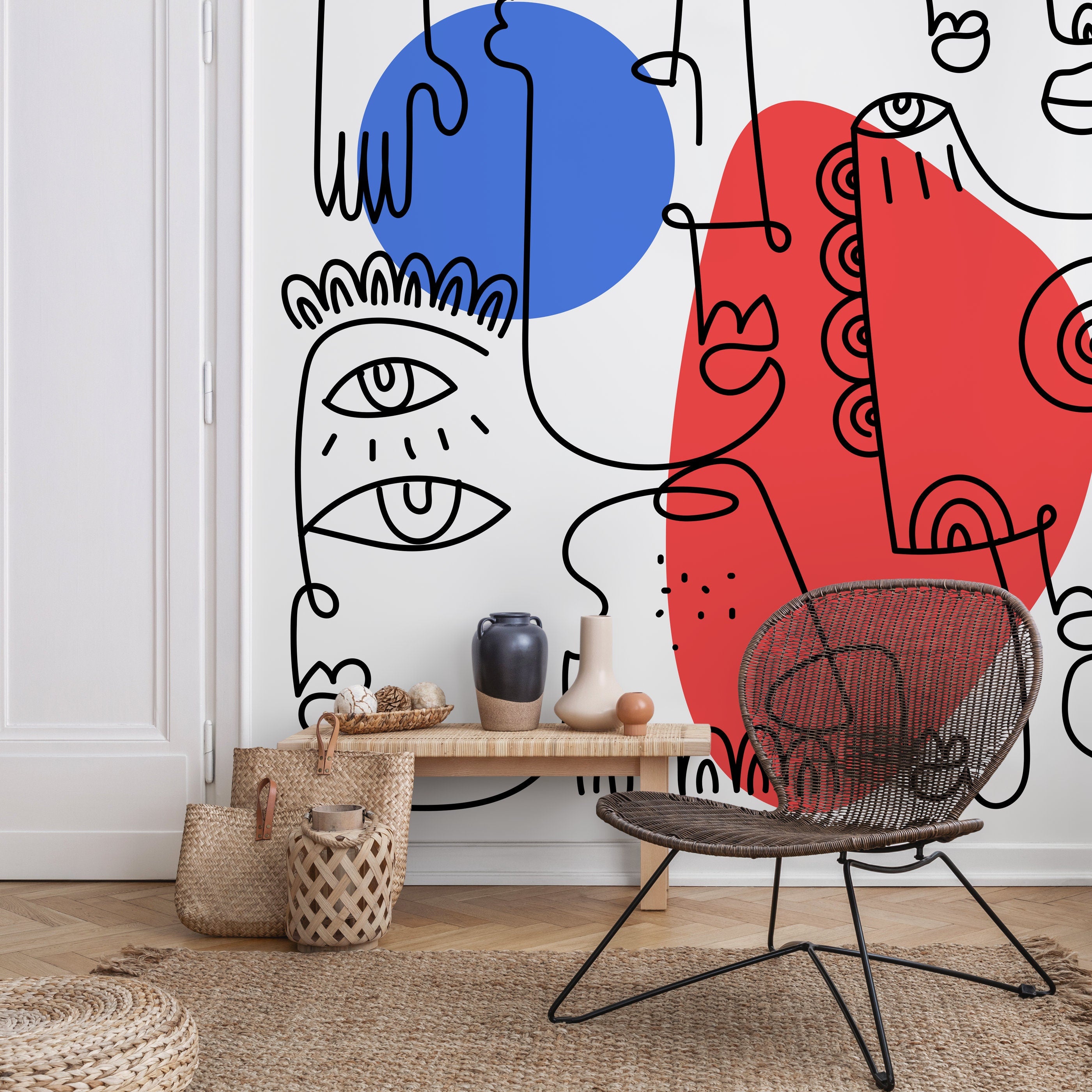 Abstract Wallpaper With Line Art Faces In Black, Red, And Blue - D601