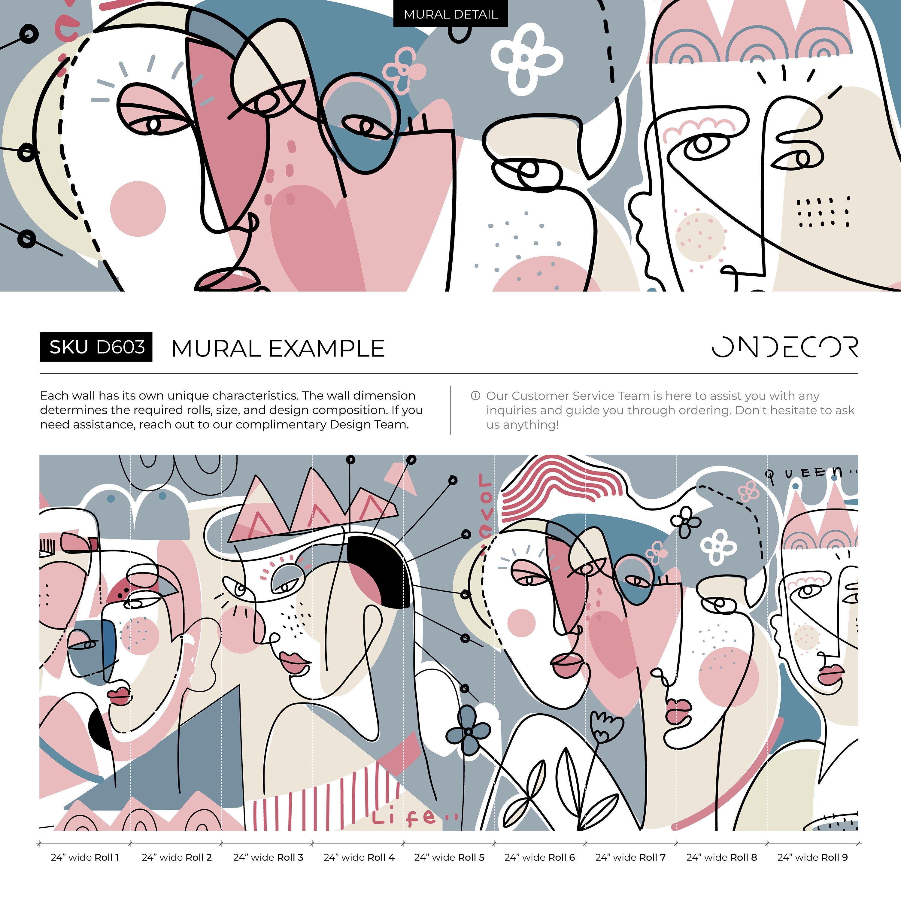 Abstract Wallpaper With Surreal Line Art Faces In Pink, Blue, And Beige - D603