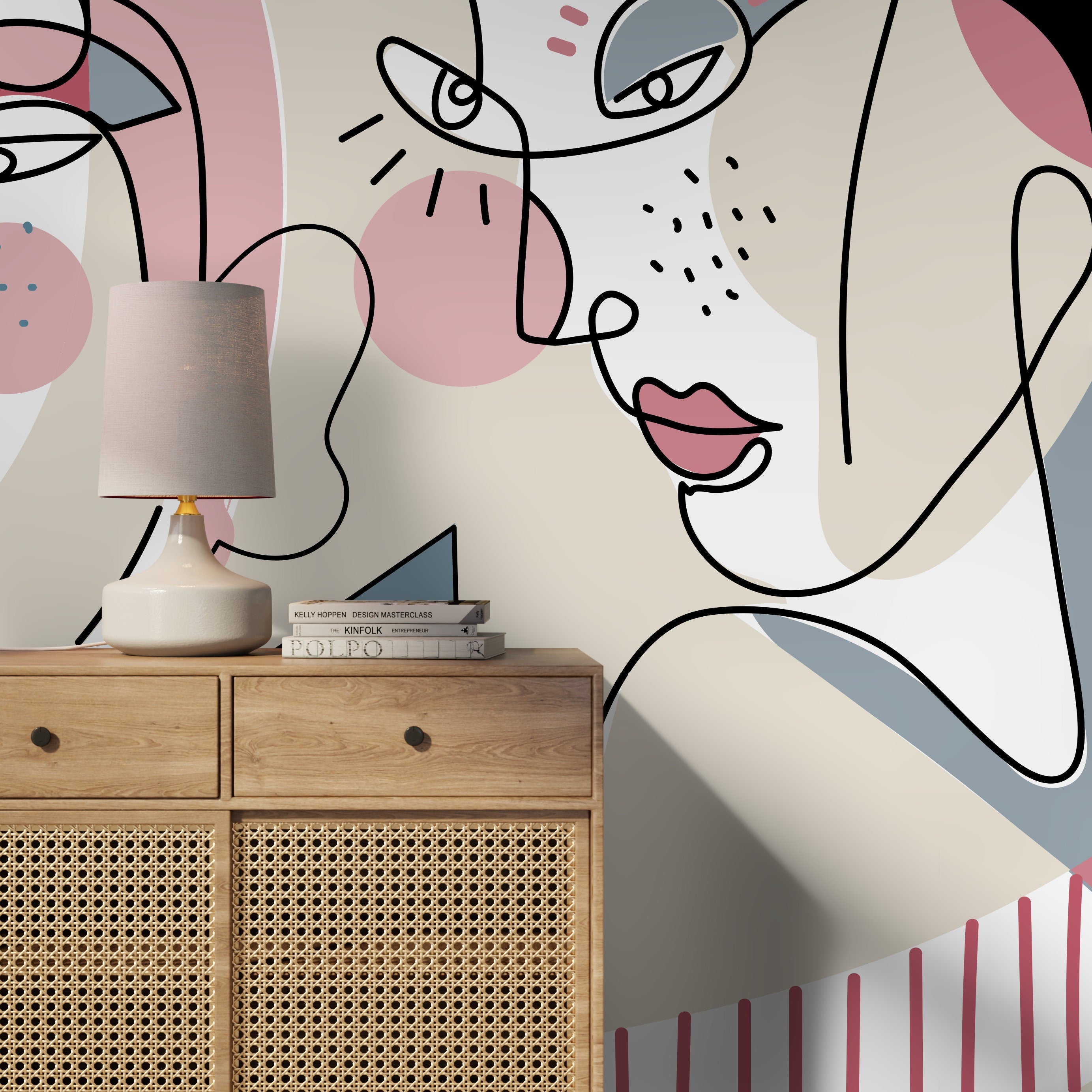 Abstract Wallpaper With Surreal Line Art Faces In Pink, Blue, And Beige - D603