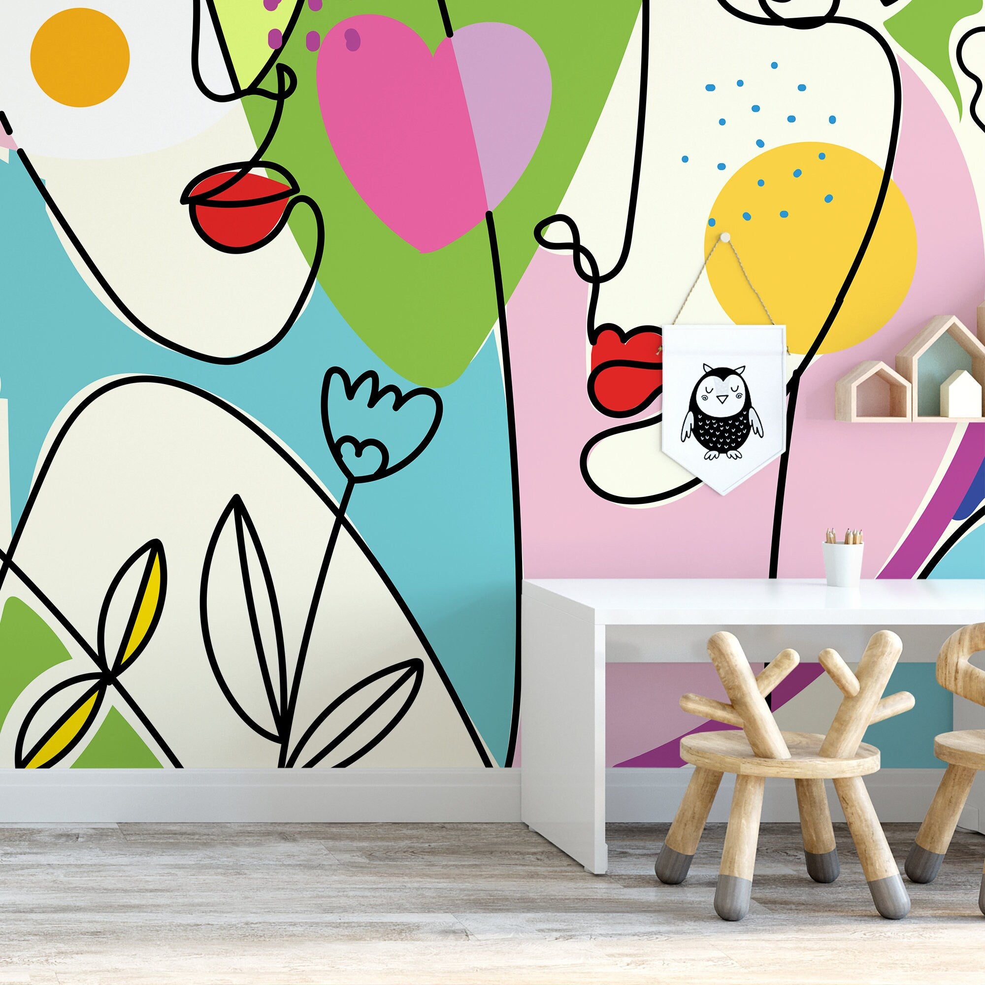 Abstract Wallpaper With Colorful Line Art Faces In Yellow, Blue, And Green - D604