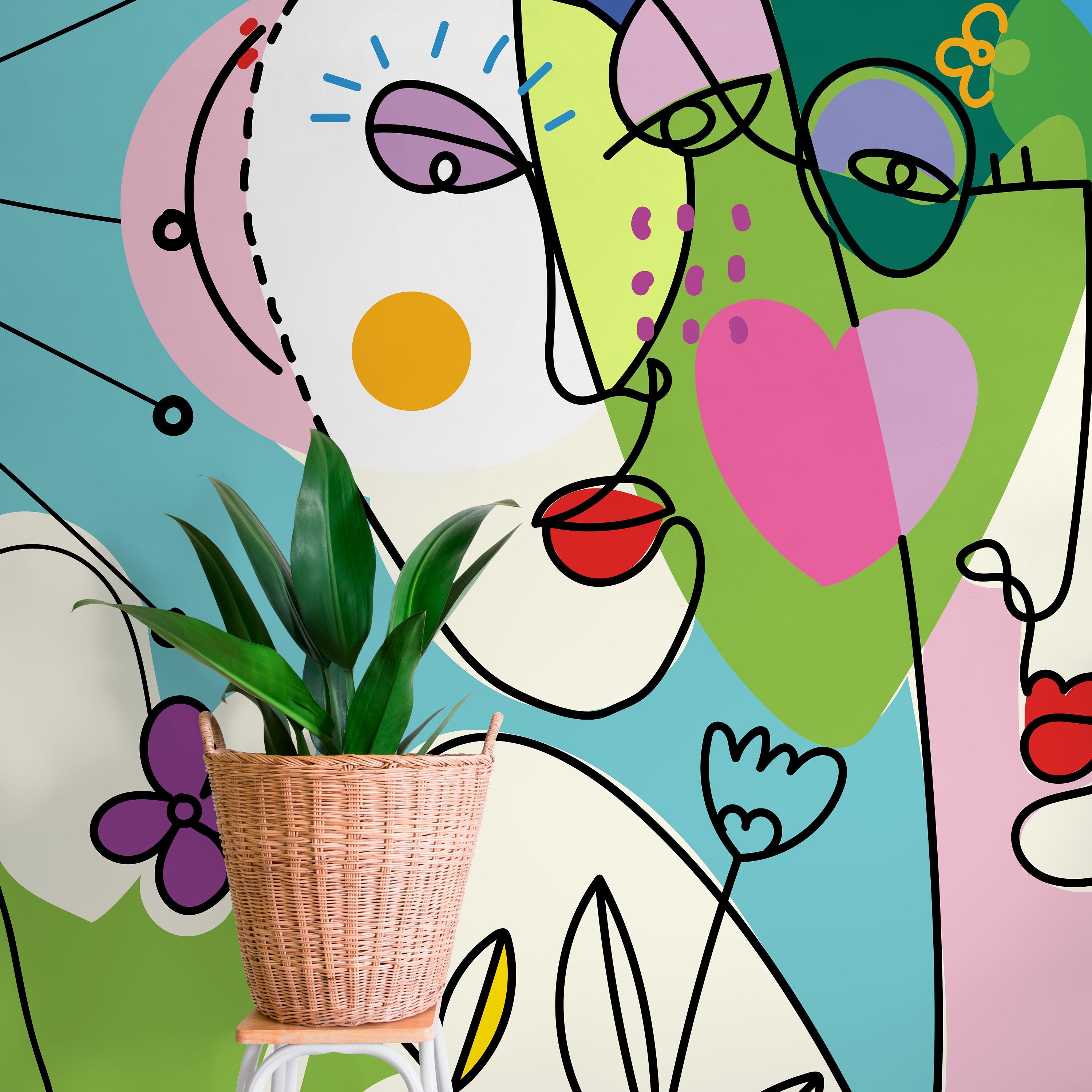 Abstract Wallpaper With Colorful Line Art Faces In Yellow, Blue, And Green - D604
