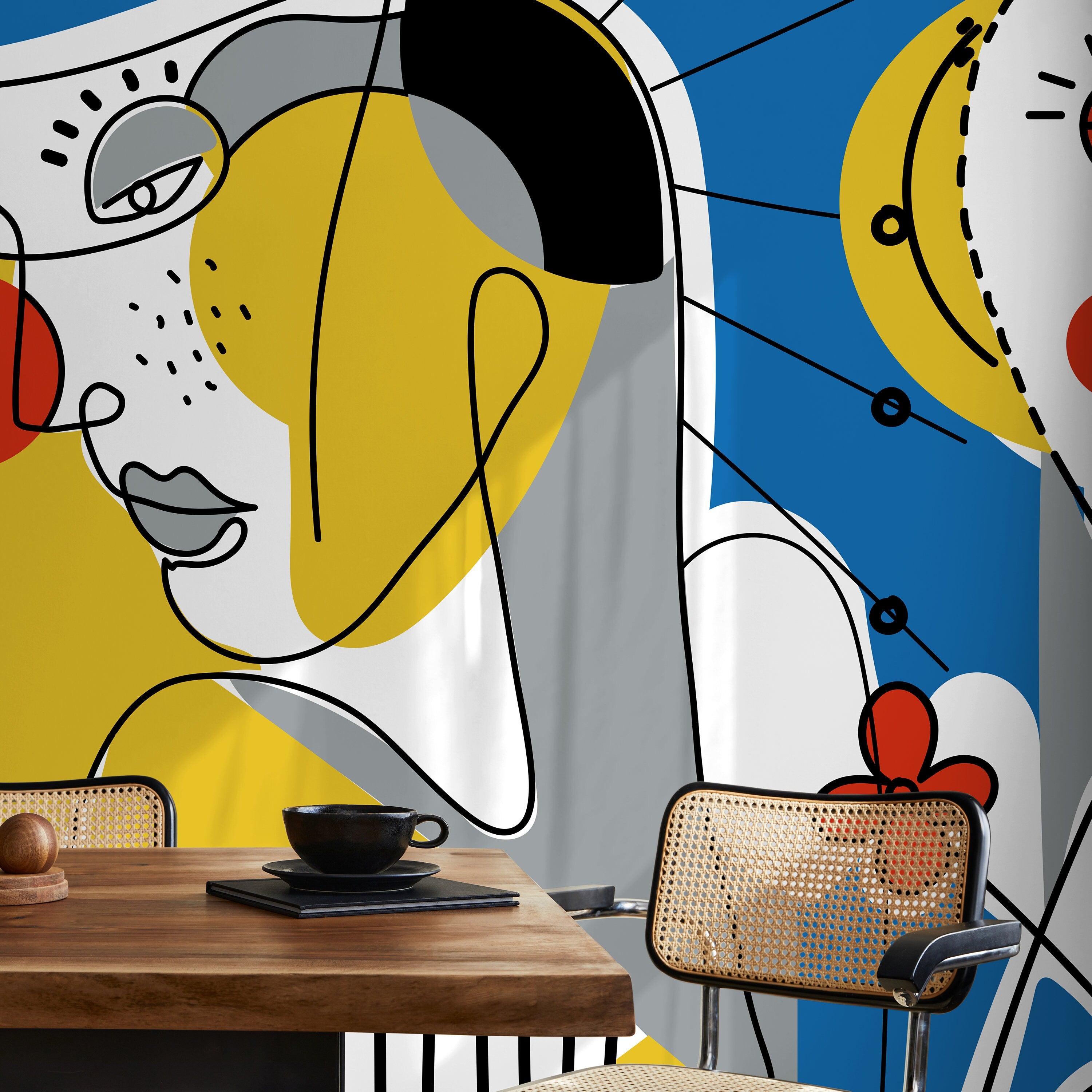 Abstract Wallpaper With Cubist Faces In Blue, Yellow, And Red - D605