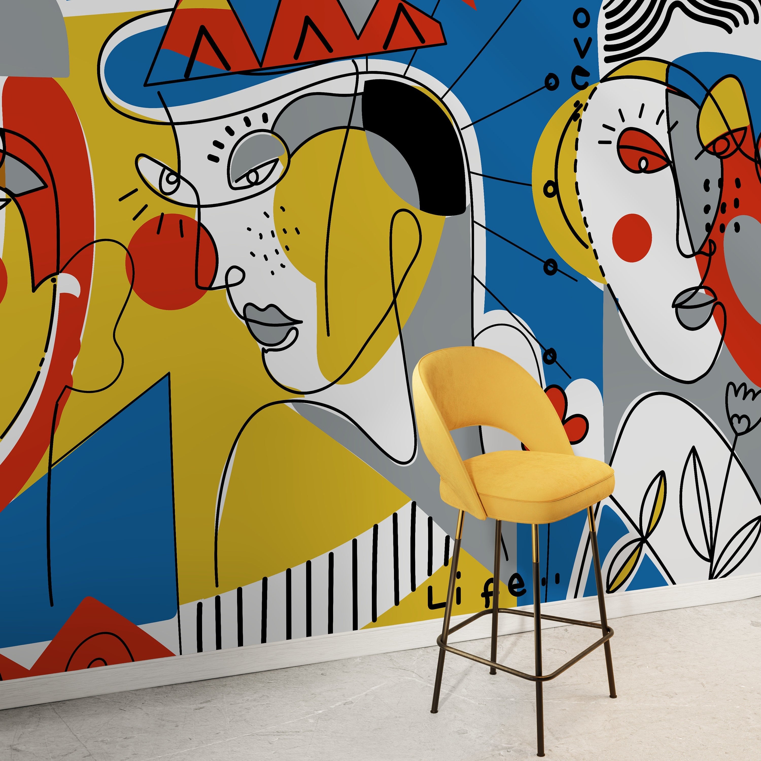 Abstract Wallpaper With Cubist Faces In Blue, Yellow, And Red - D605