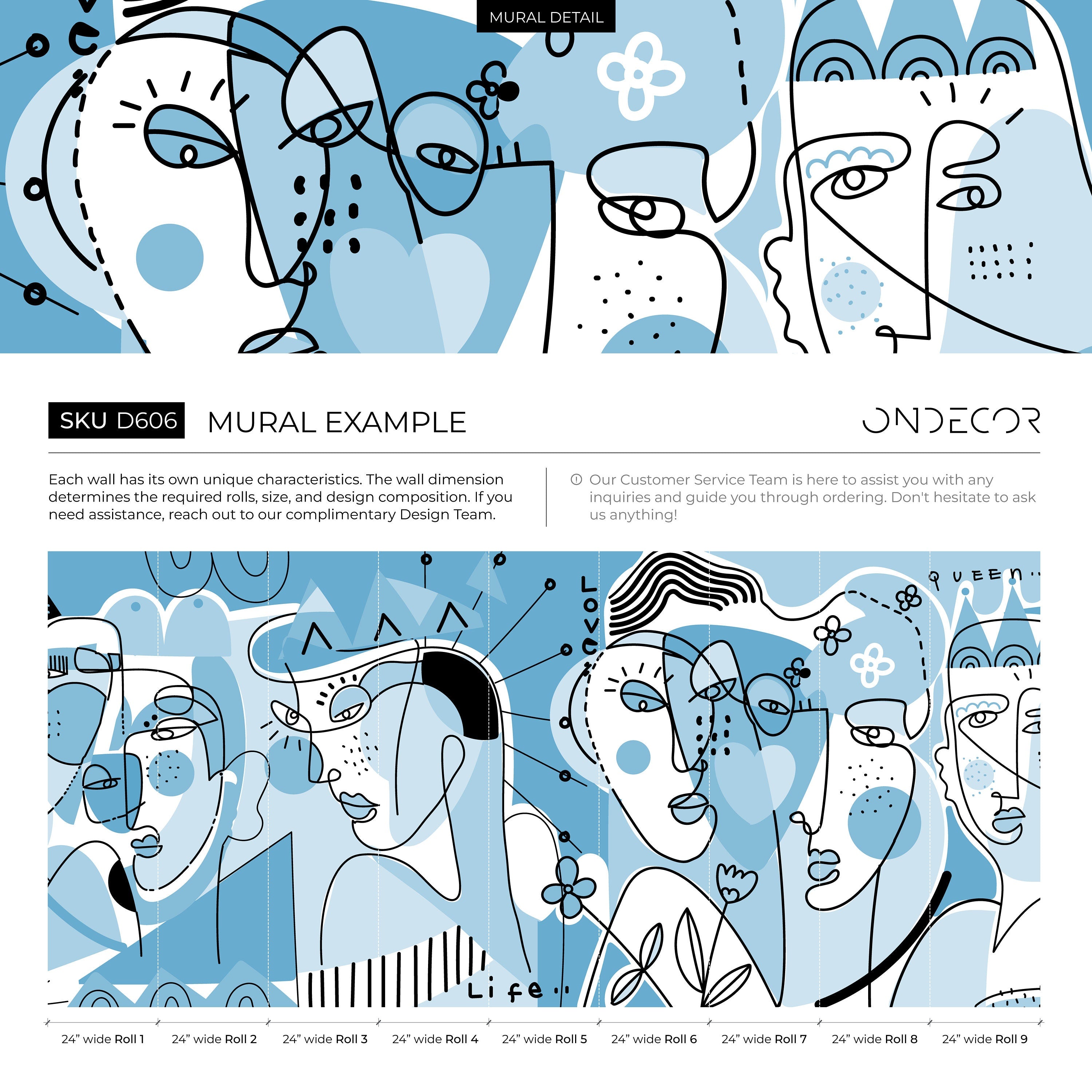 Abstract Wallpaper Featuring Modern Line Art Faces In Light Blue And Black - D606