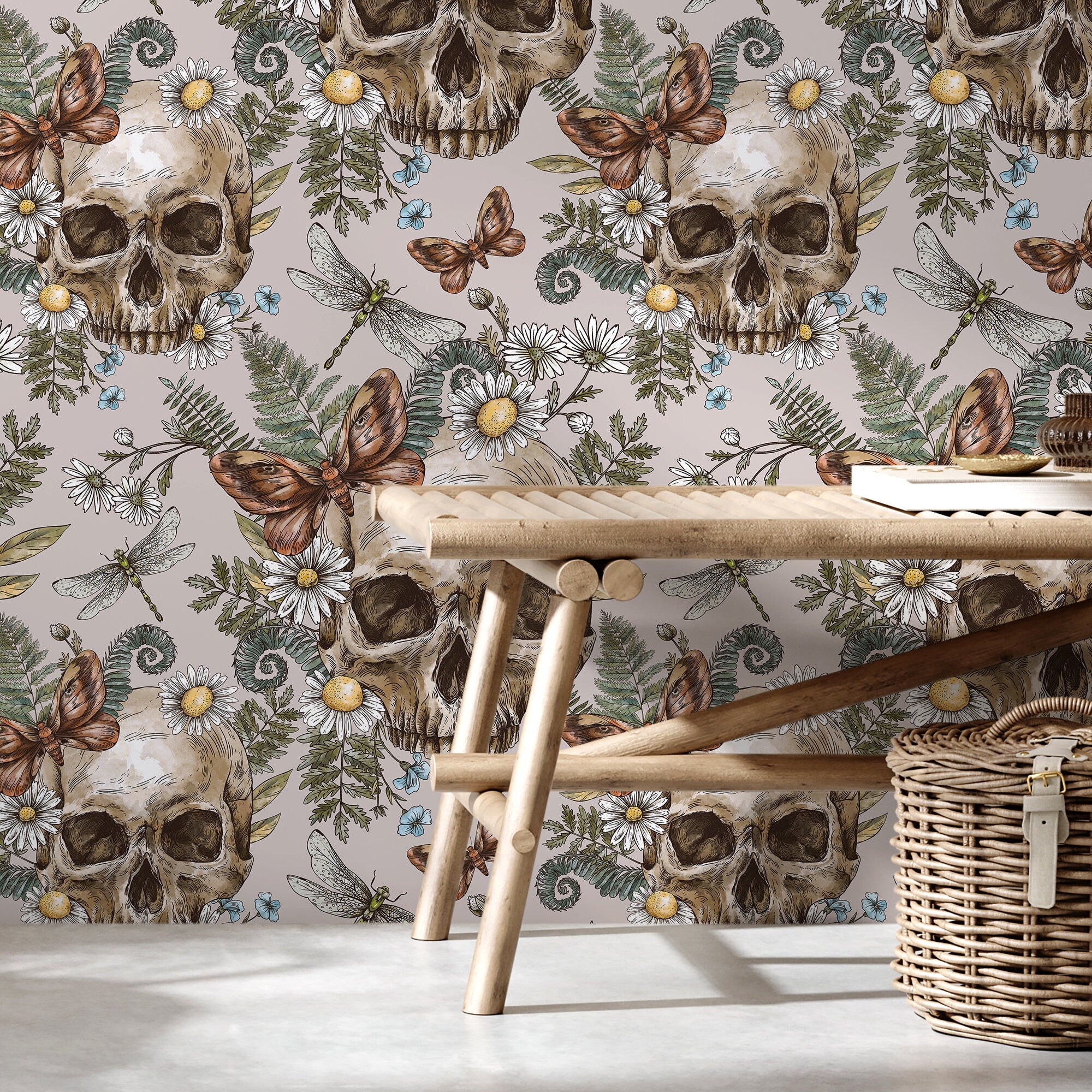 Gothic Wallpaper Featuring Skulls, Moths, And Ferns In Brown And Green - D830