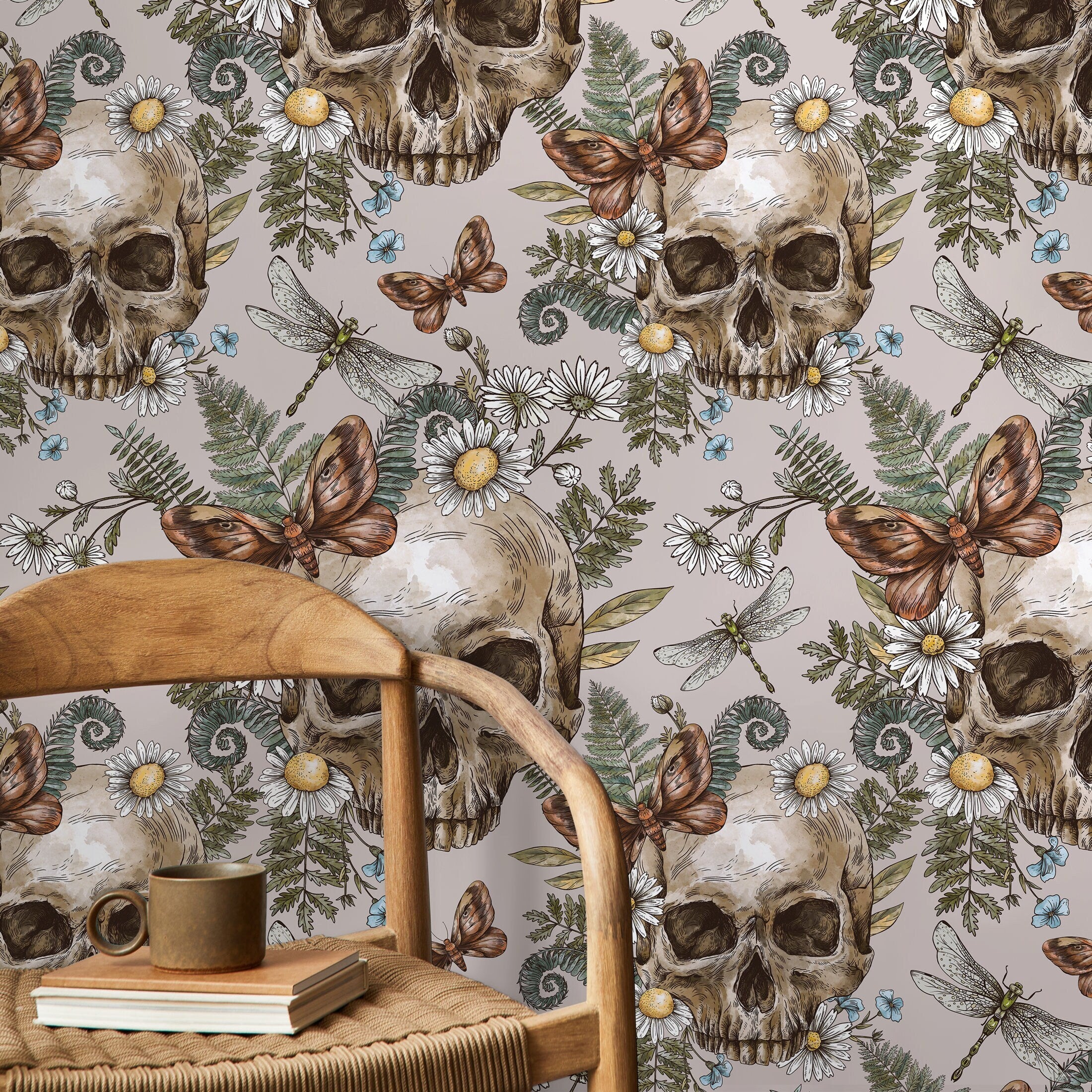 Gothic Wallpaper Featuring Skulls, Moths, And Ferns In Brown And Green - D830
