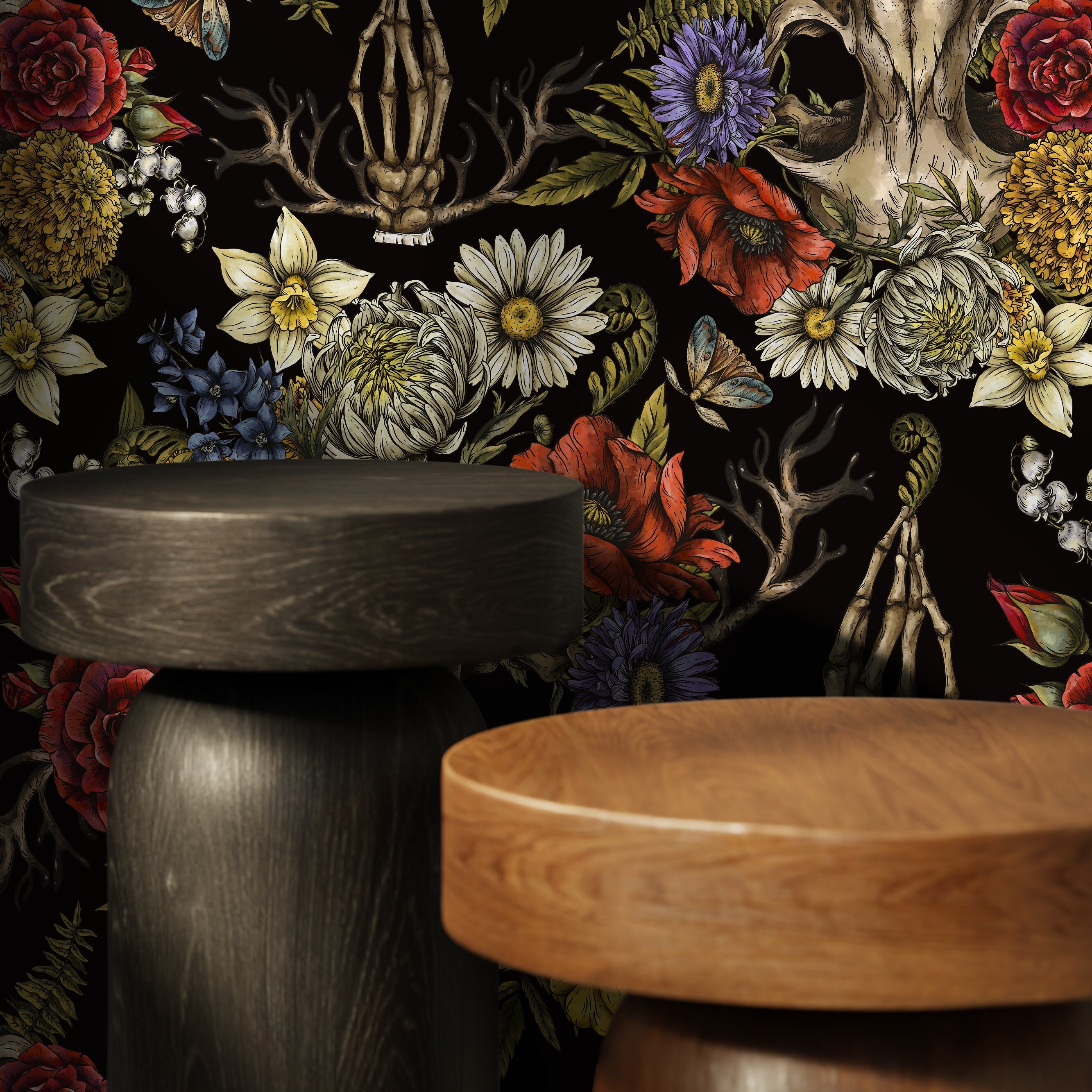 Gothic Wallpaper With A Floral Skull Motif In Red, Yellow, And Blue - D831