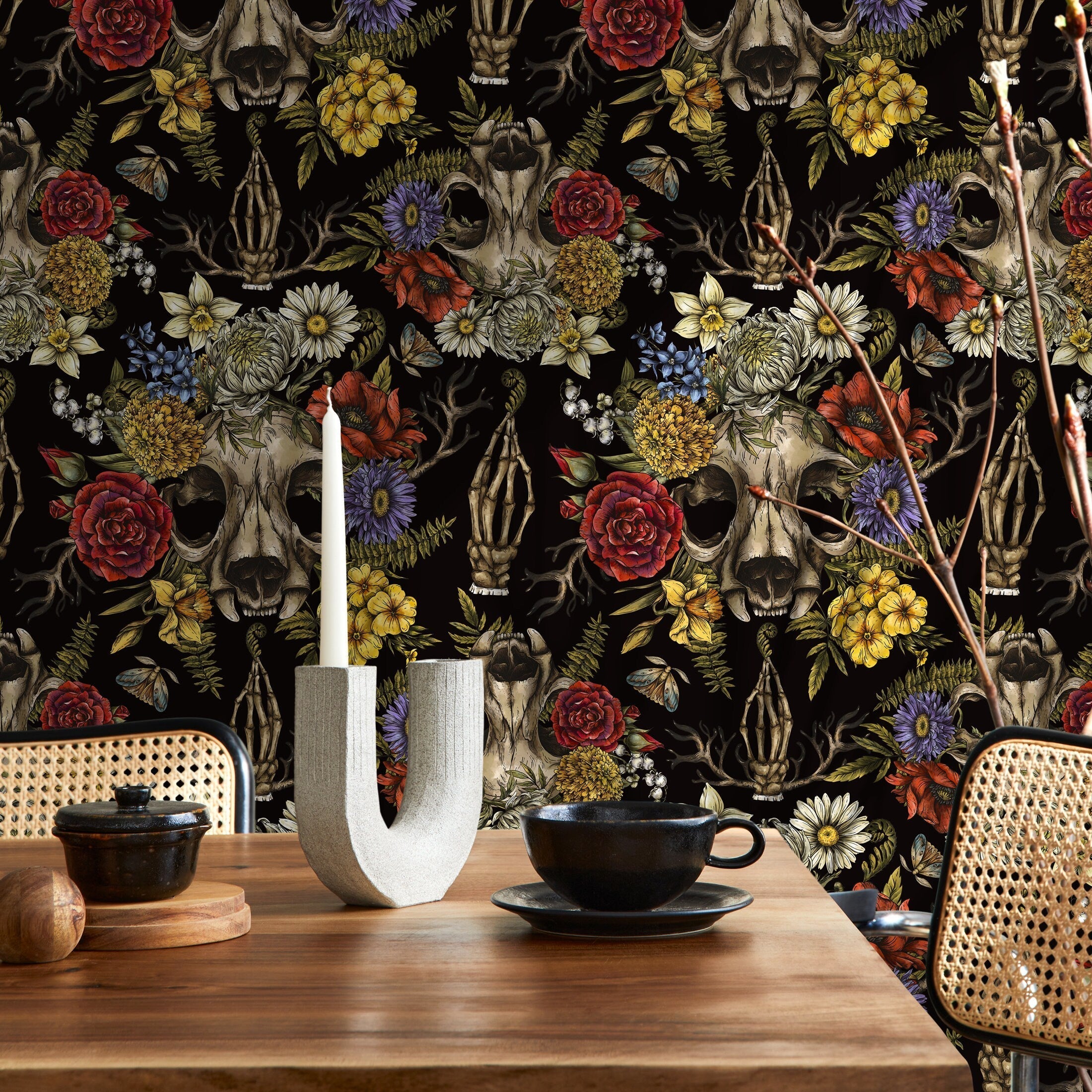 Gothic Wallpaper With A Floral Skull Motif In Red, Yellow, And Blue - D831