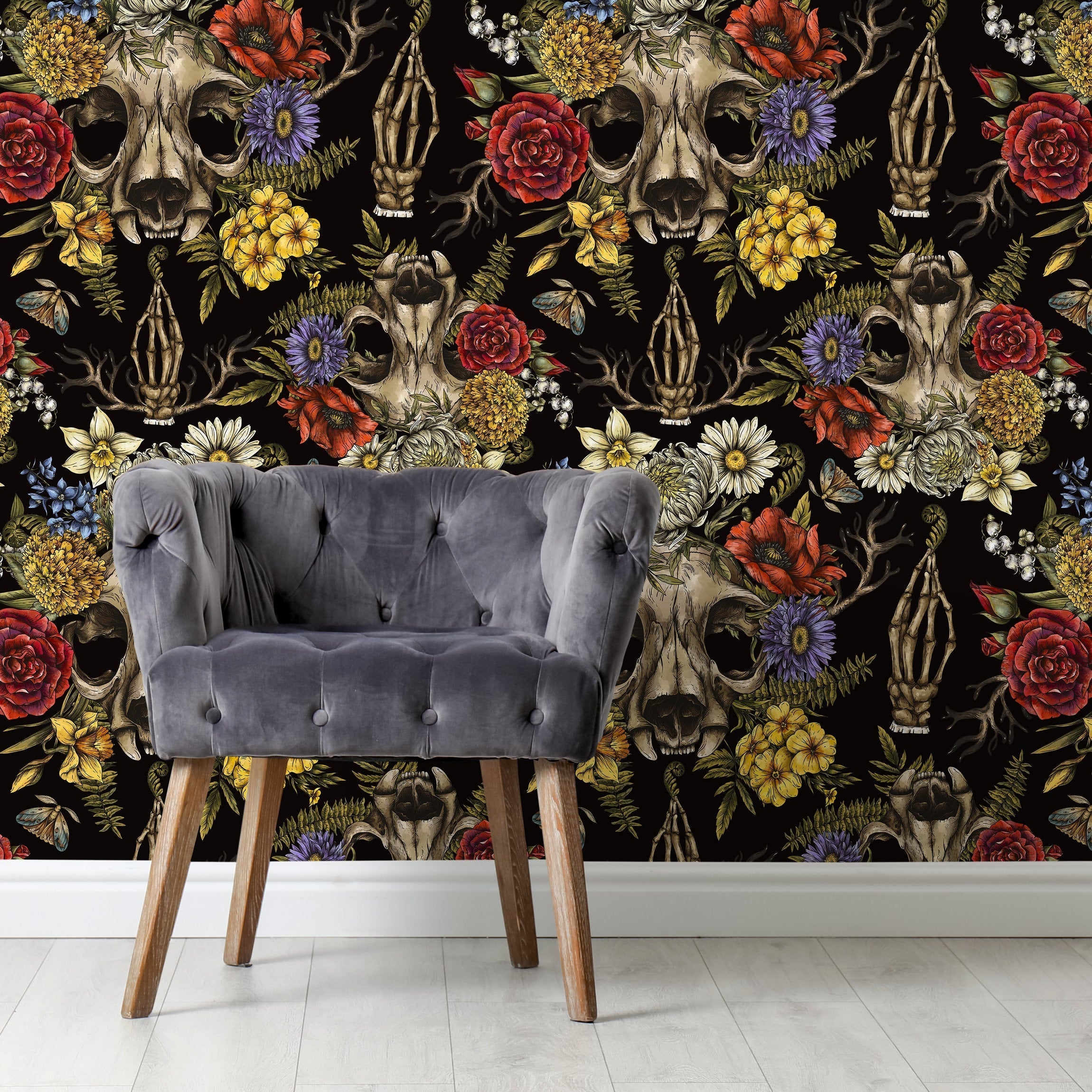 Gothic Wallpaper With A Floral Skull Motif In Red, Yellow, And Blue - D831