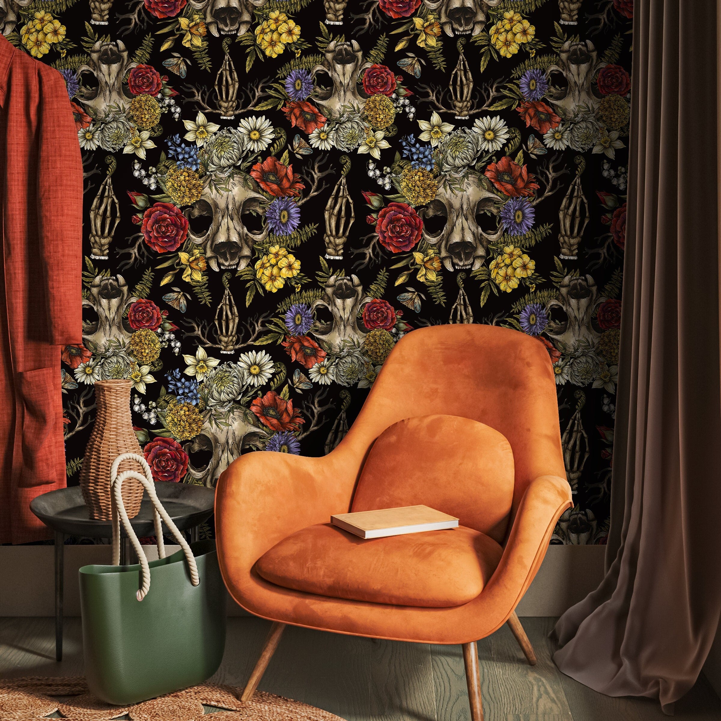 Gothic Wallpaper With A Floral Skull Motif In Red, Yellow, And Blue - D831