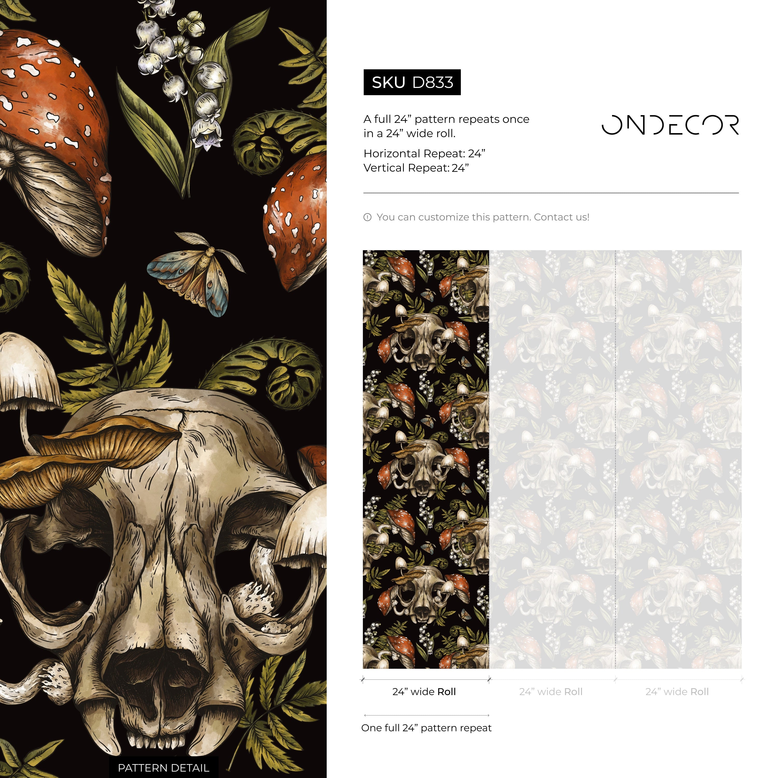 Gothic Wallpaper Featuring Animal Skulls And Mushrooms In Black And Red - D833