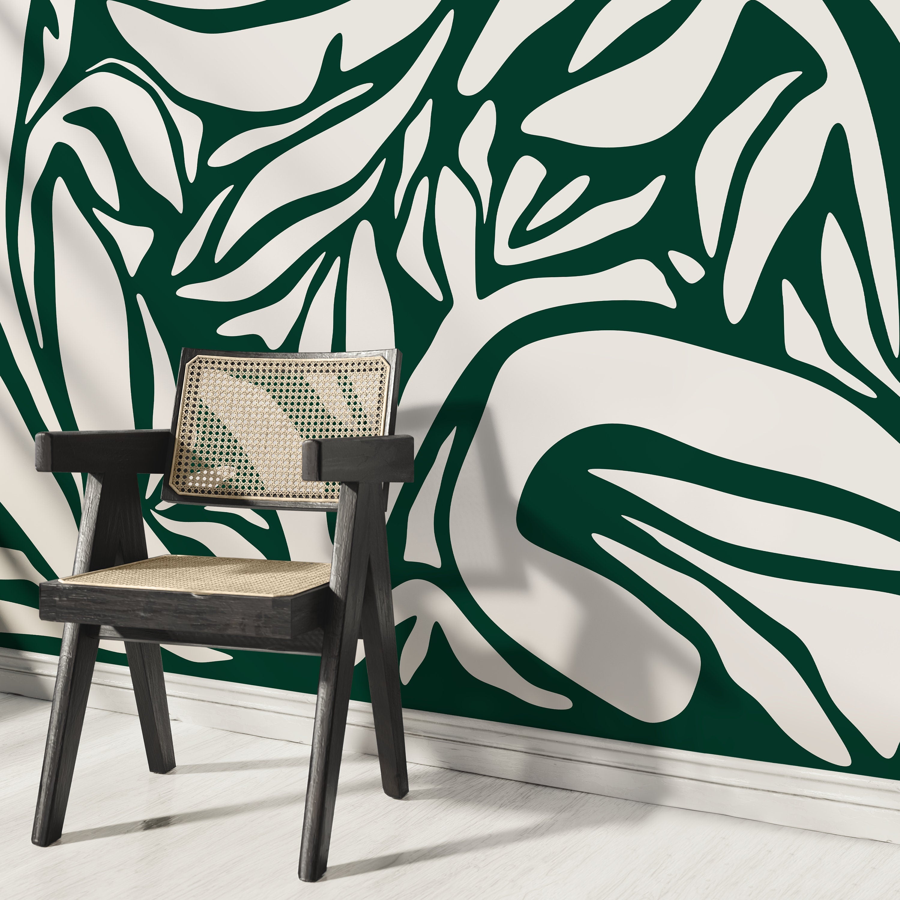 Abstract Wallpaper With A Bold Botanical Motif In Dark Green And Beige - D629