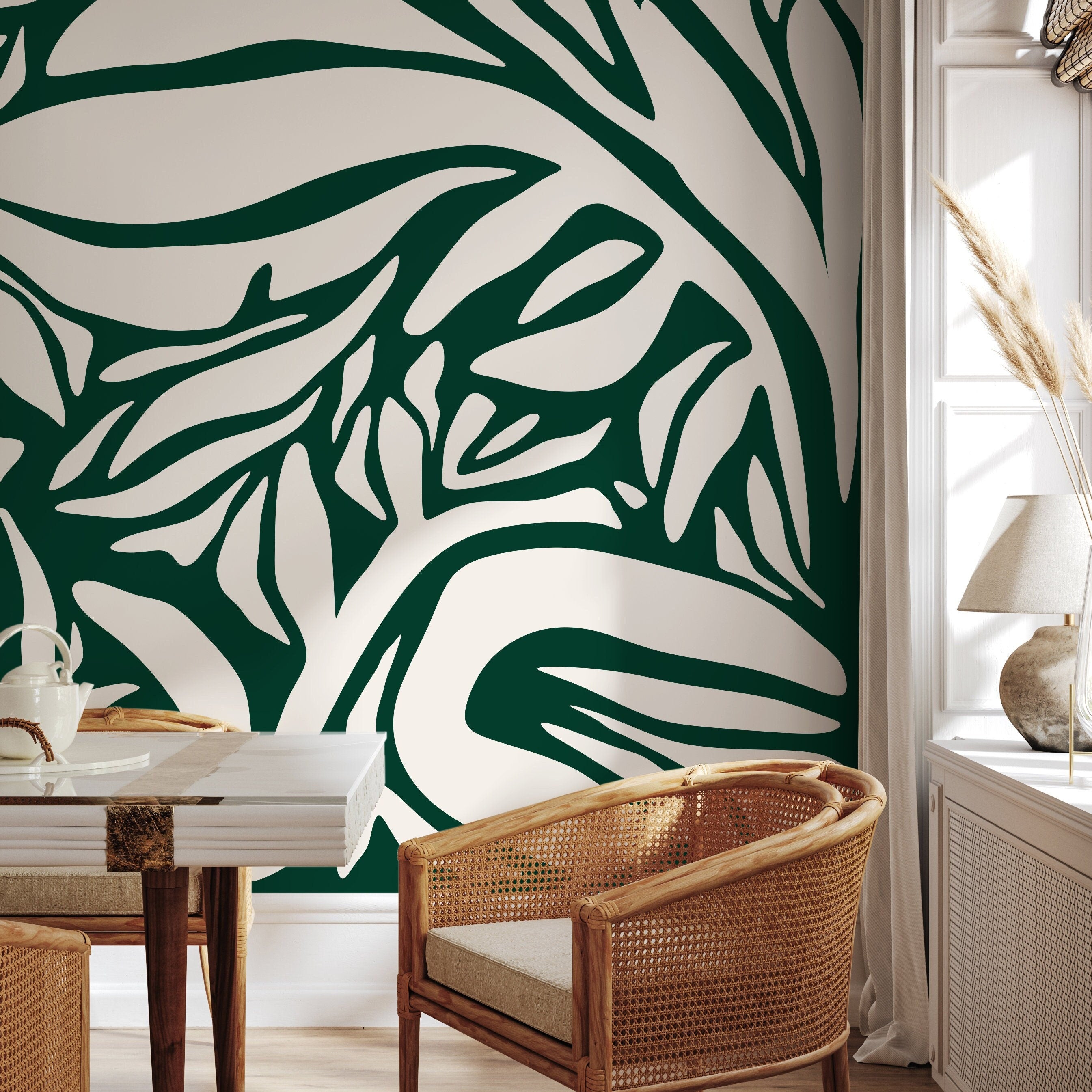 Abstract Wallpaper With A Bold Botanical Motif In Dark Green And Beige - D629