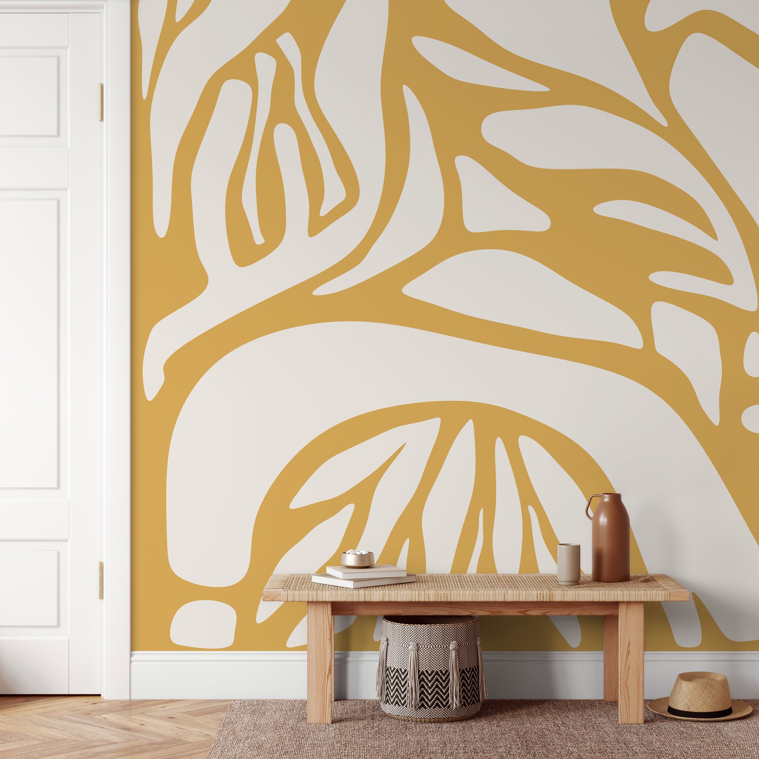 Abstract Wallpaper With Large Organic Forms In Yellow And White - D632