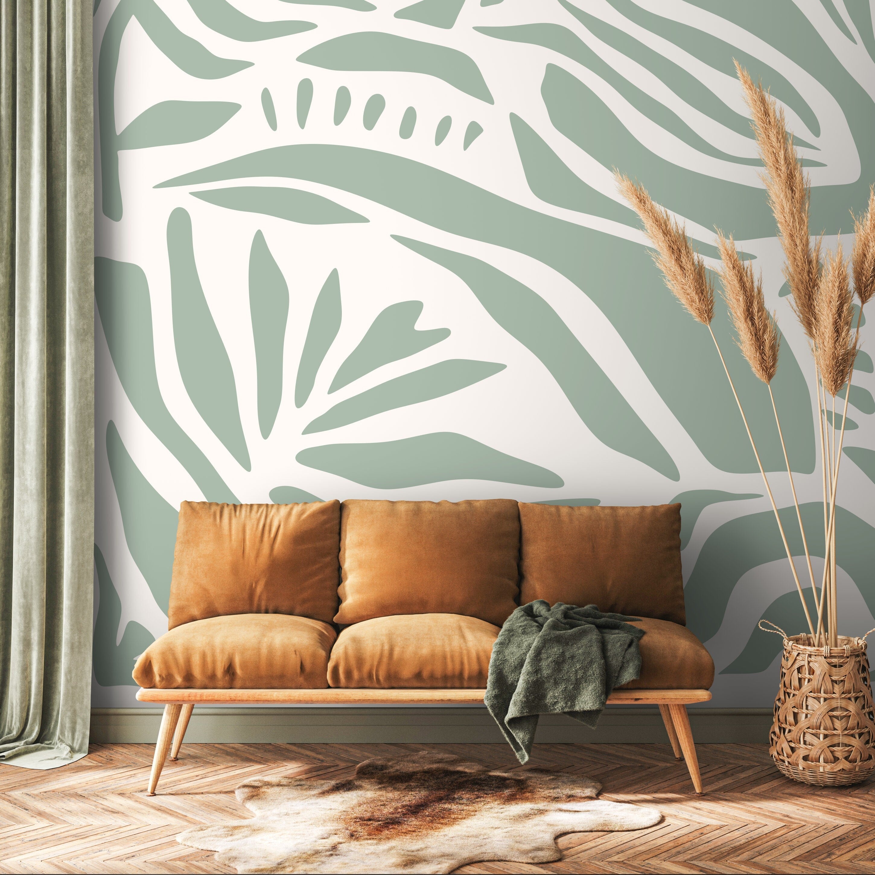 Abstract Wallpaper With Bold Organic Shapes In Light Green And White - D627
