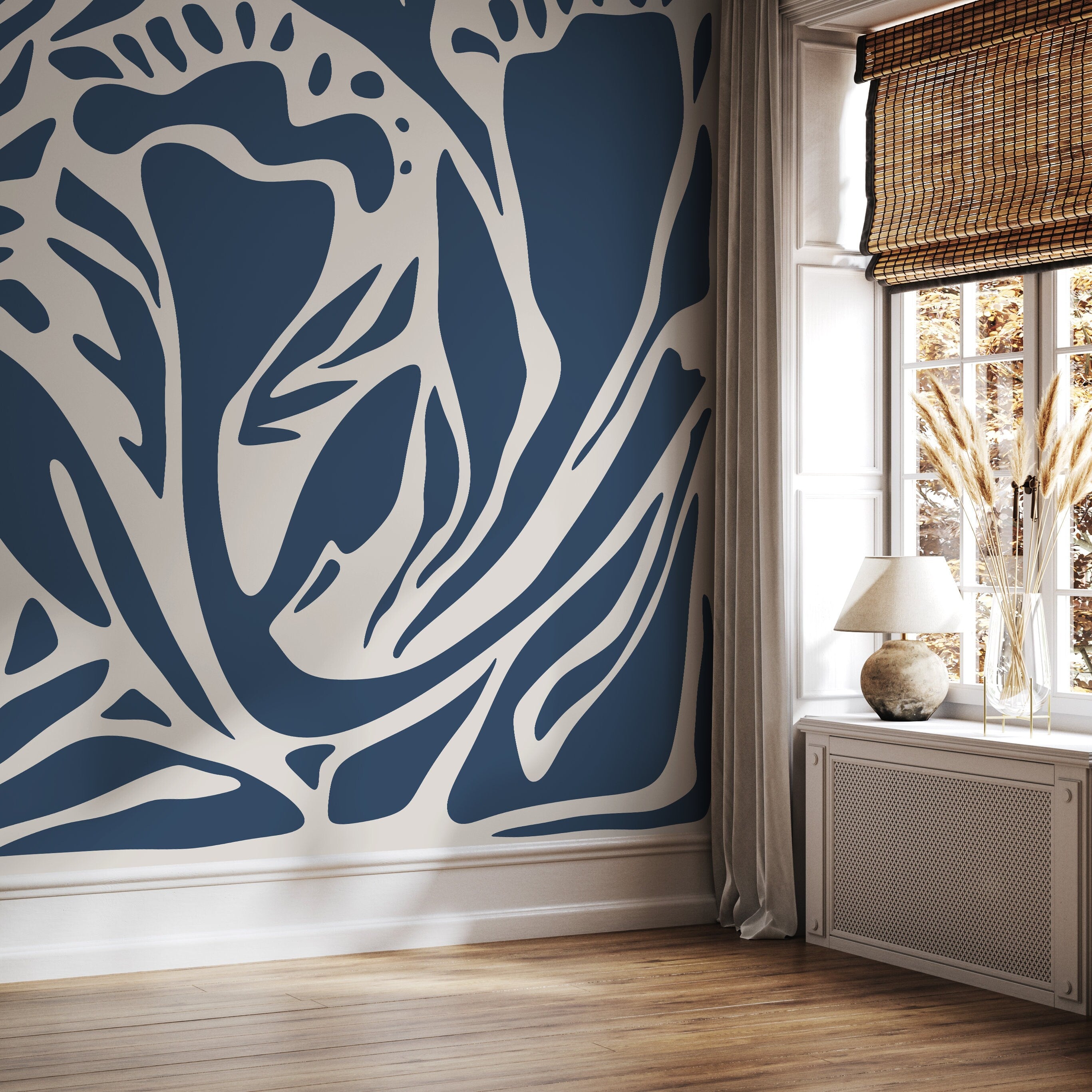 Abstract Wallpaper With Bold Organic Shapes In Dark Blue And Beige - D633