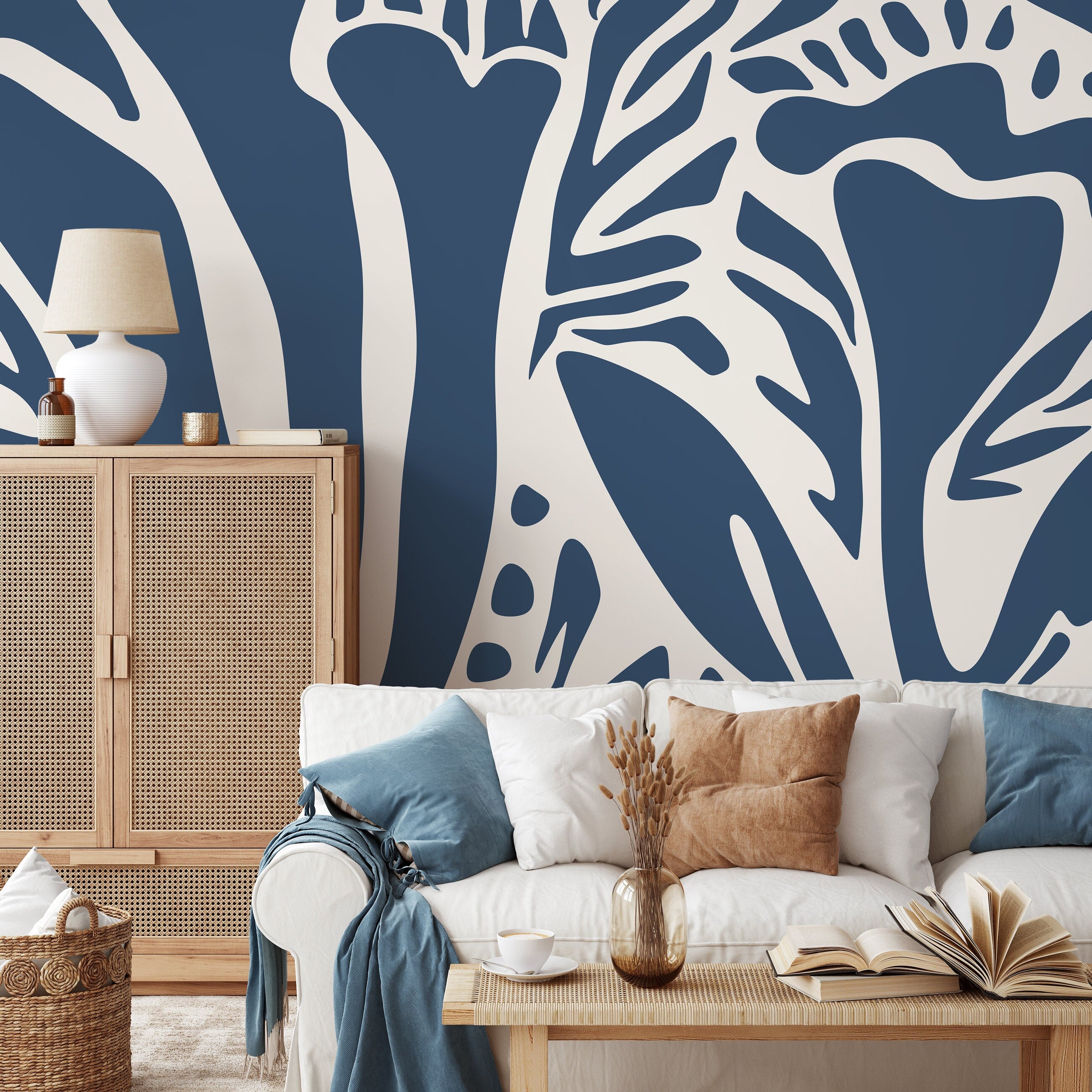 Abstract Wallpaper With Bold Organic Shapes In Dark Blue And Beige - D633