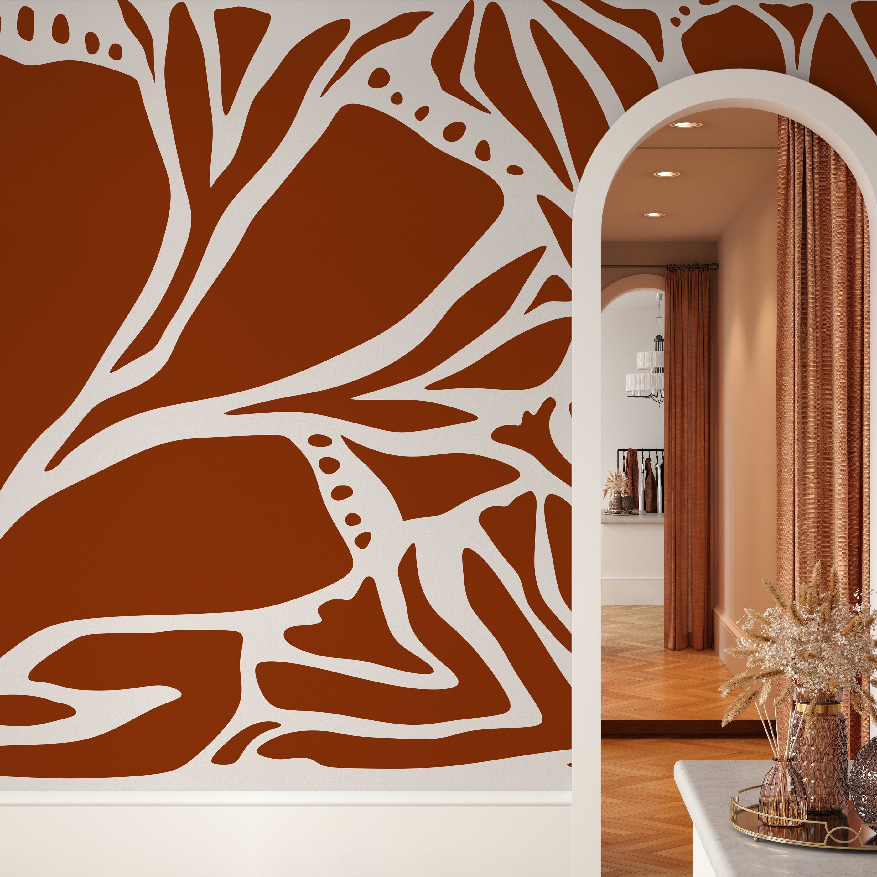 Abstract Wallpaper With Organic Branch Motifs In Terracotta And White - D637