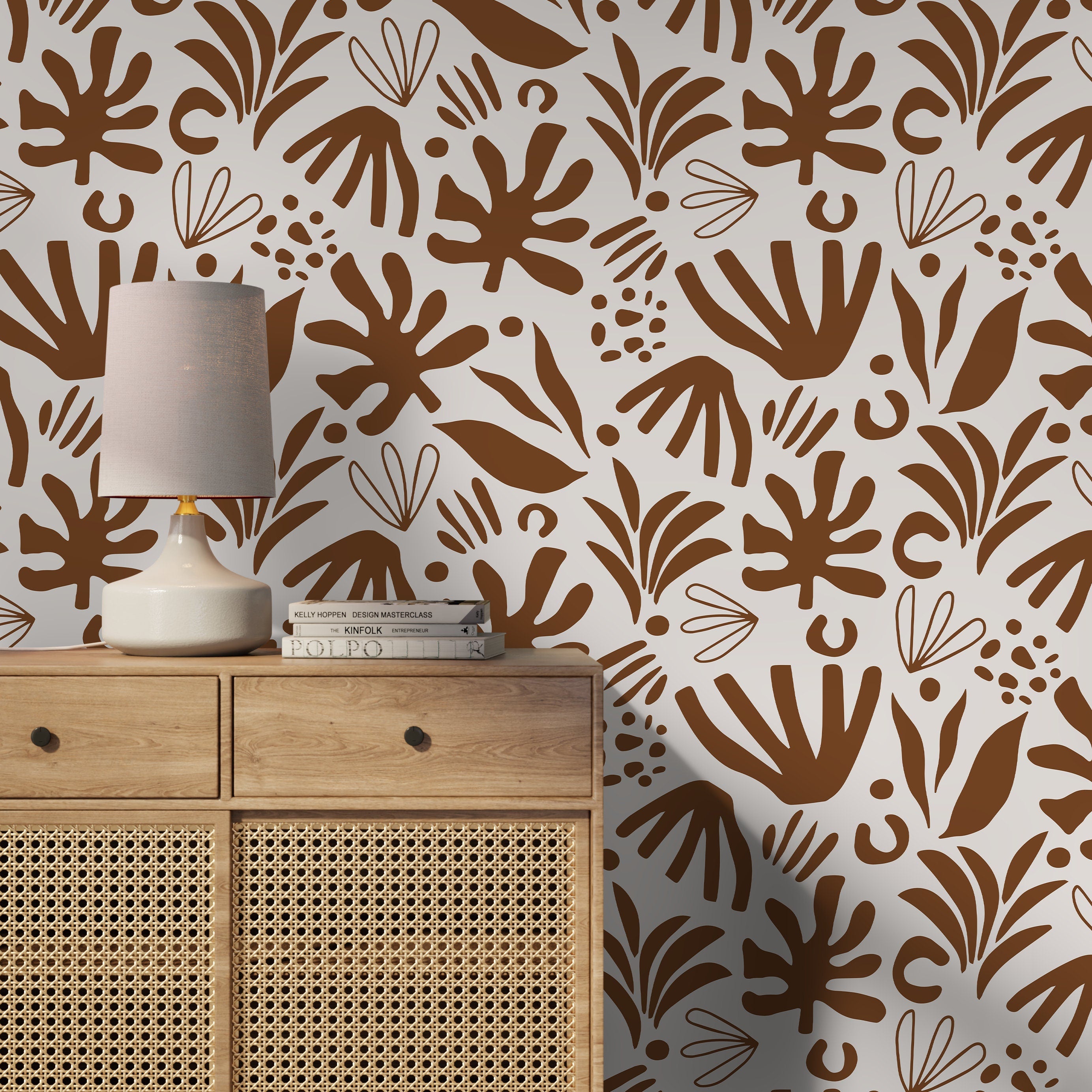 Abstract Wallpaper Featuring Bold Botanical Forms In Brown - D682