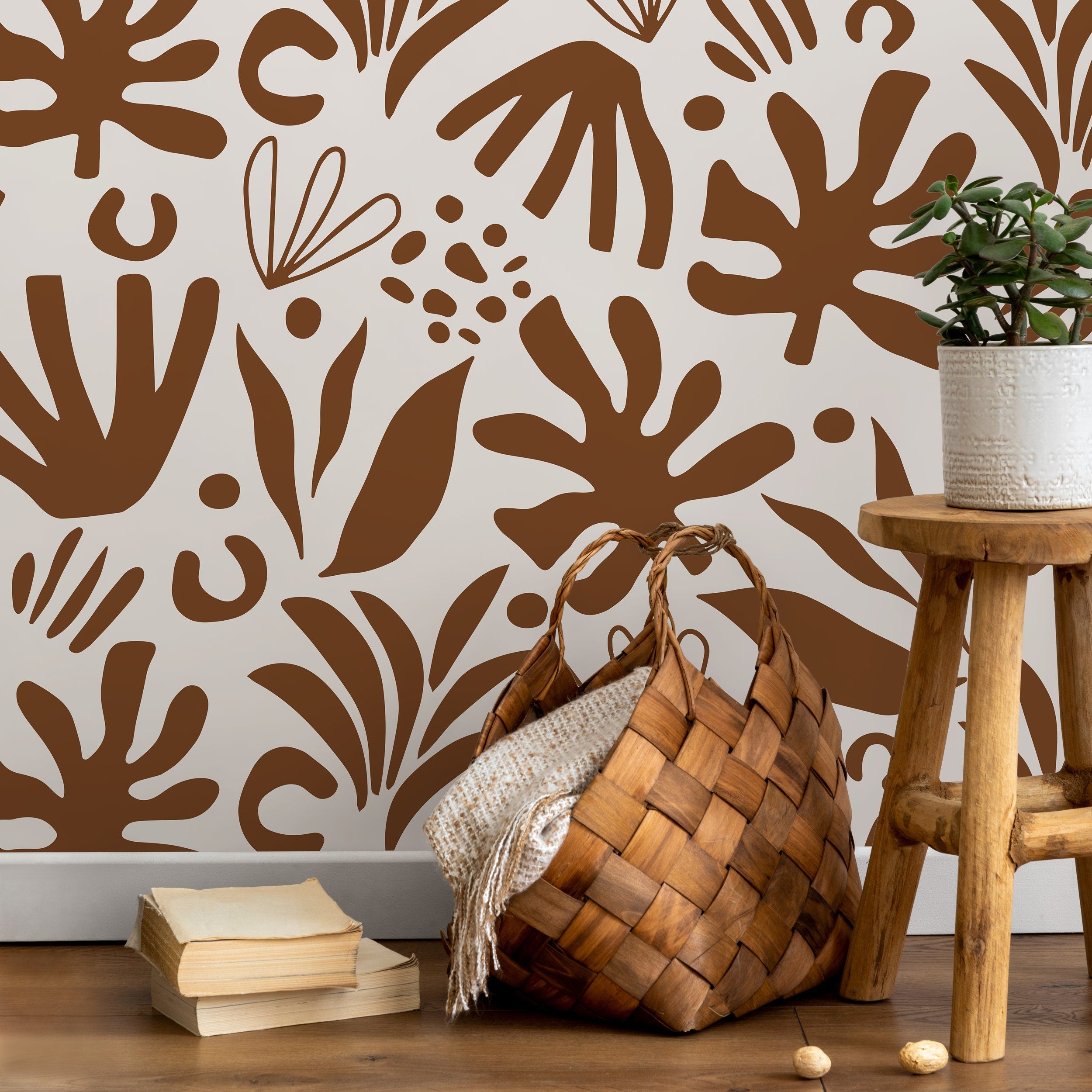 Abstract Wallpaper Featuring Bold Botanical Forms In Brown - D682