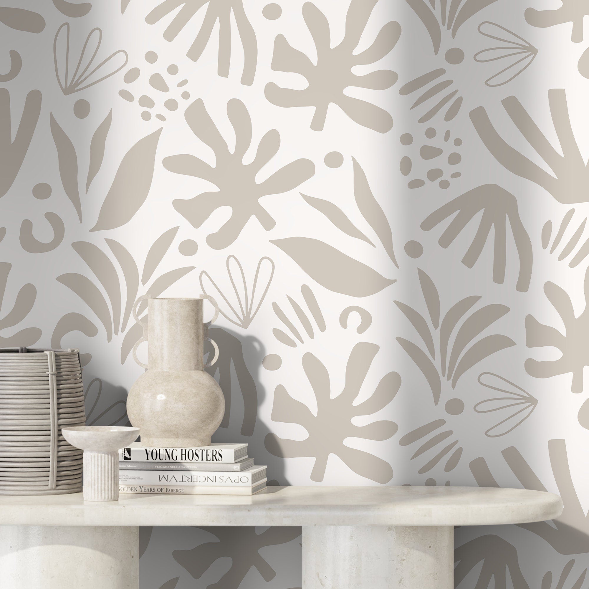 Abstract Wallpaper With Botanical Cutouts In Neutral Beige - D685