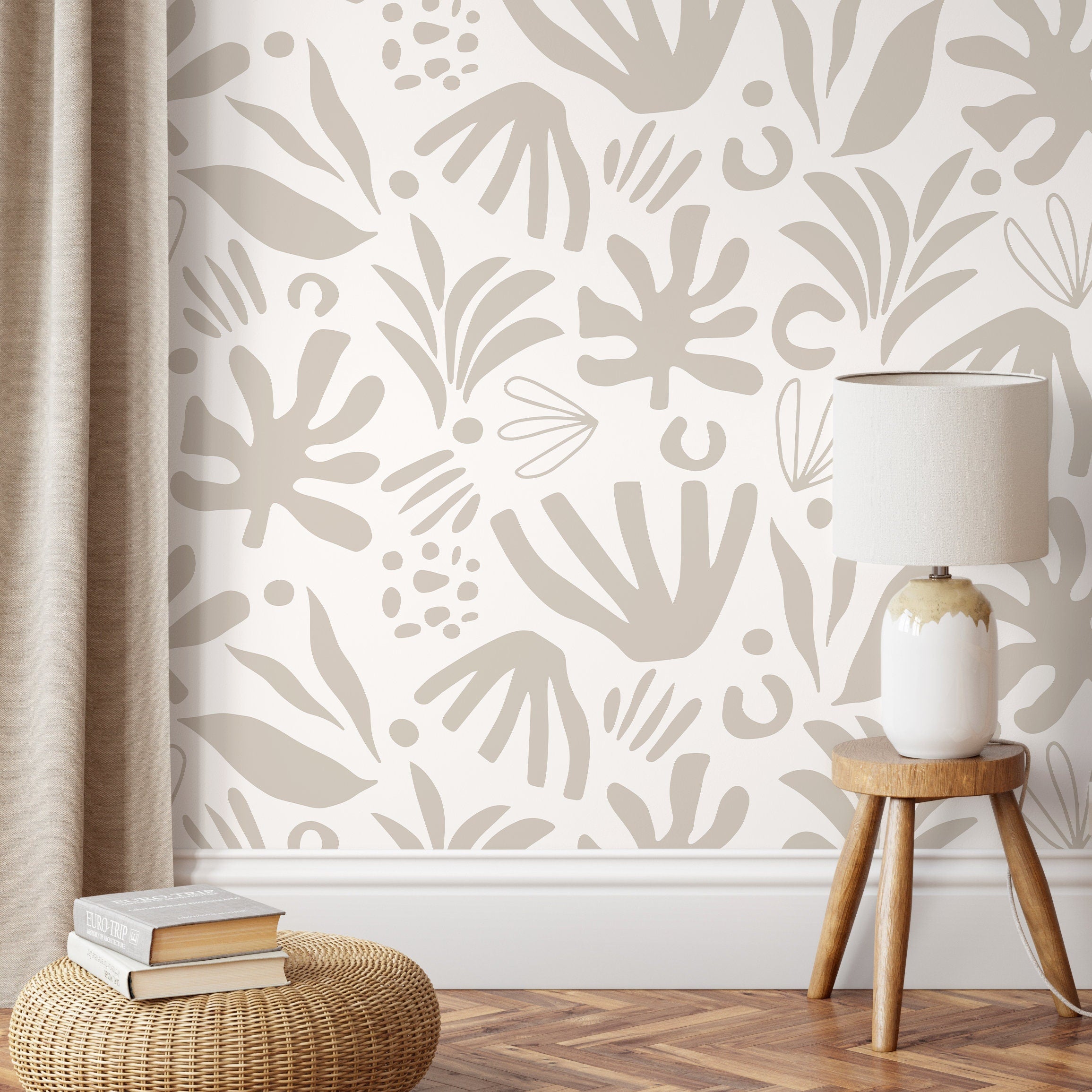 Abstract Wallpaper With Botanical Cutouts In Neutral Beige - D685