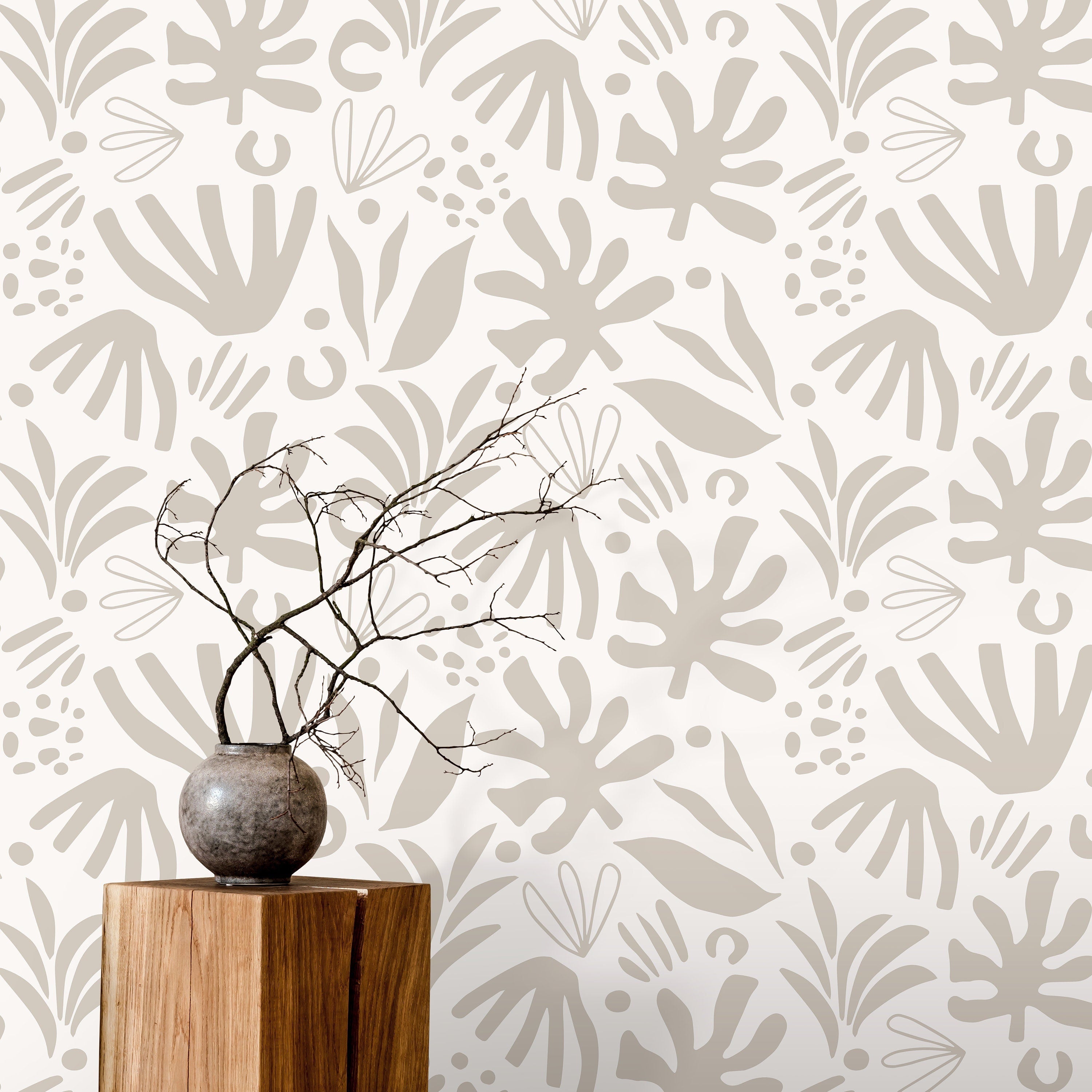 Abstract Wallpaper With Botanical Cutouts In Neutral Beige - D685
