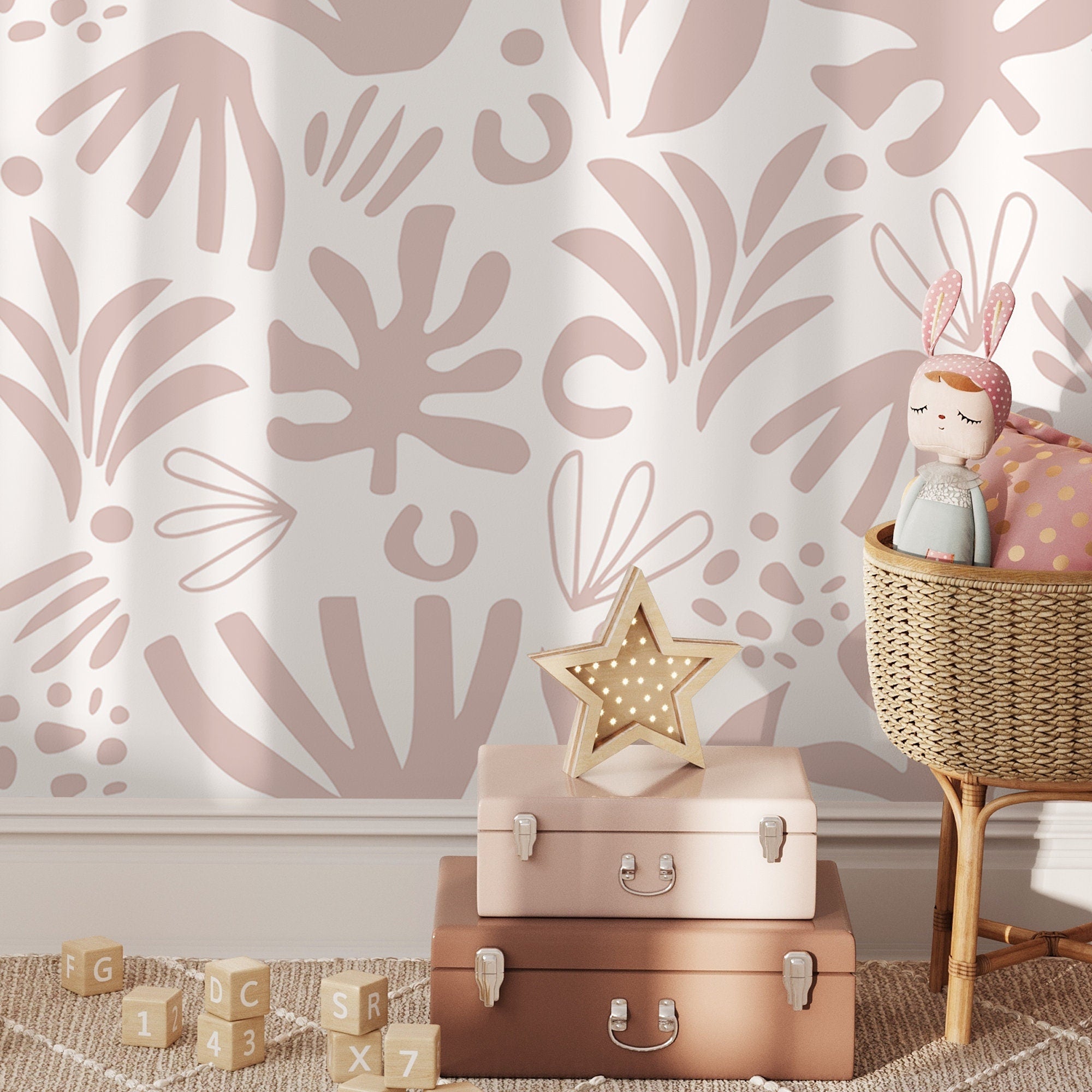 Abstract Wallpaper With Botanical Cutout Shapes In Pink - D686