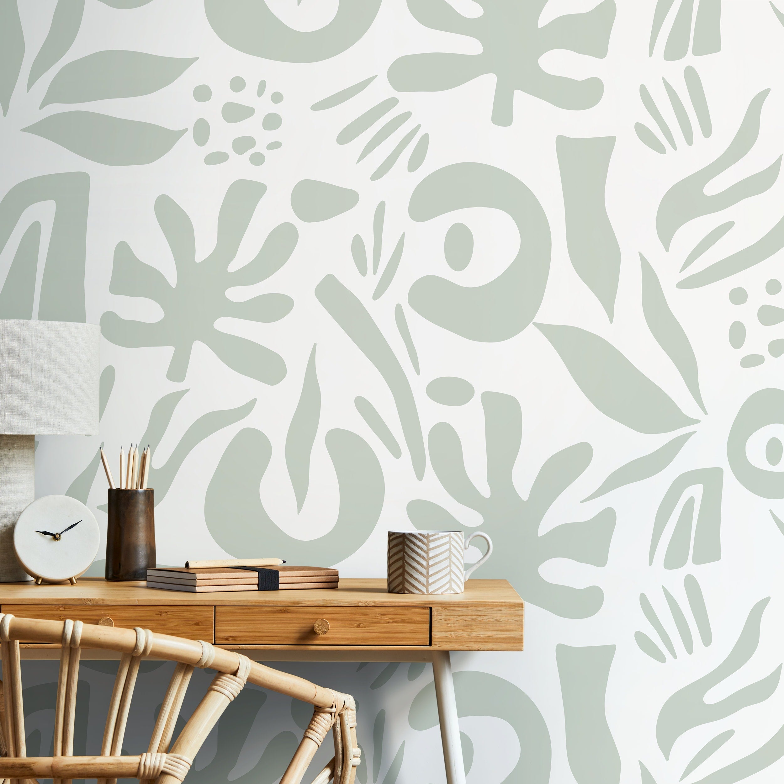 Abstract Wallpaper With Organic Leaf Shapes In Mint Green - D687