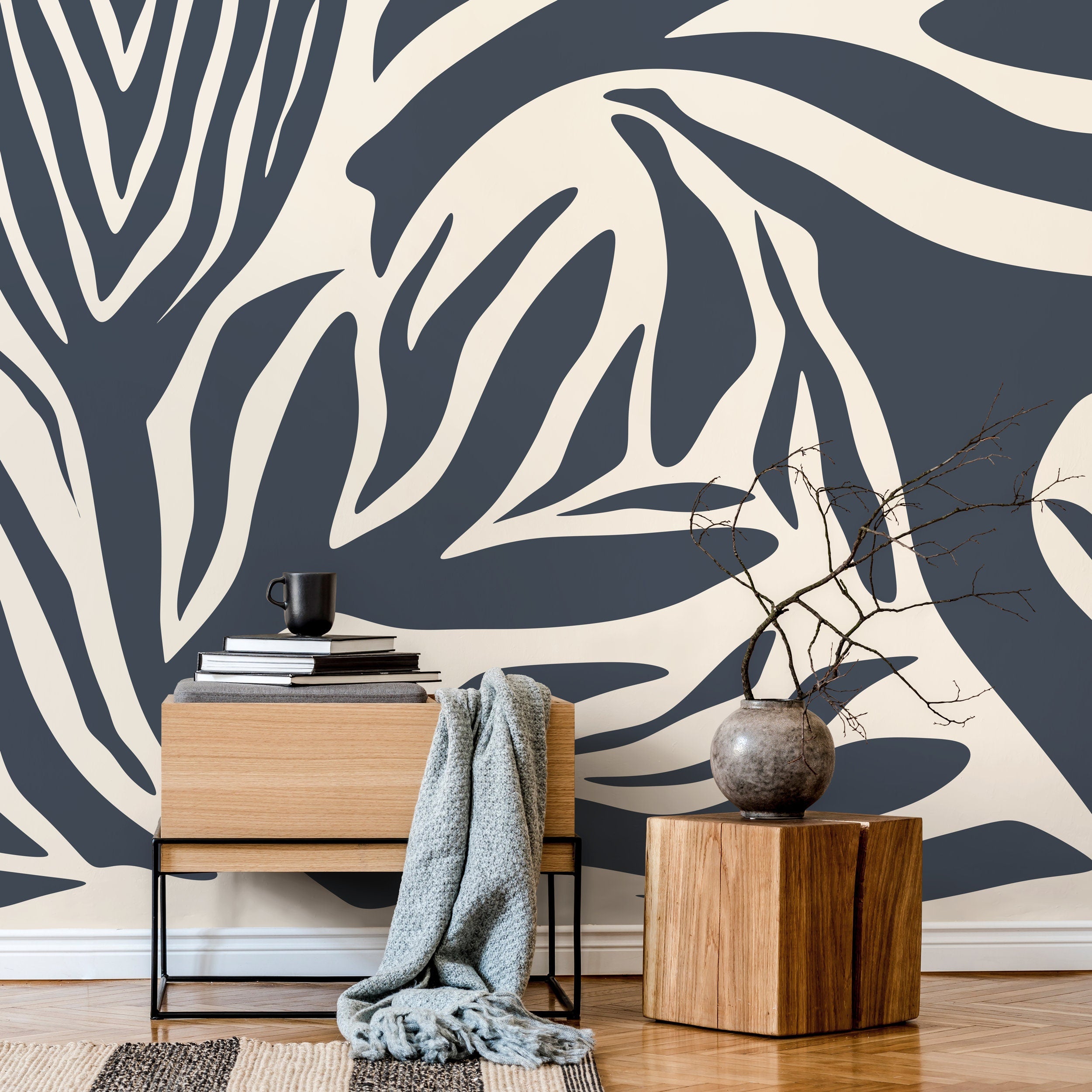 Abstract Wallpaper Featuring Bold Botanical Stripes In Gray Blue And Cream - D693