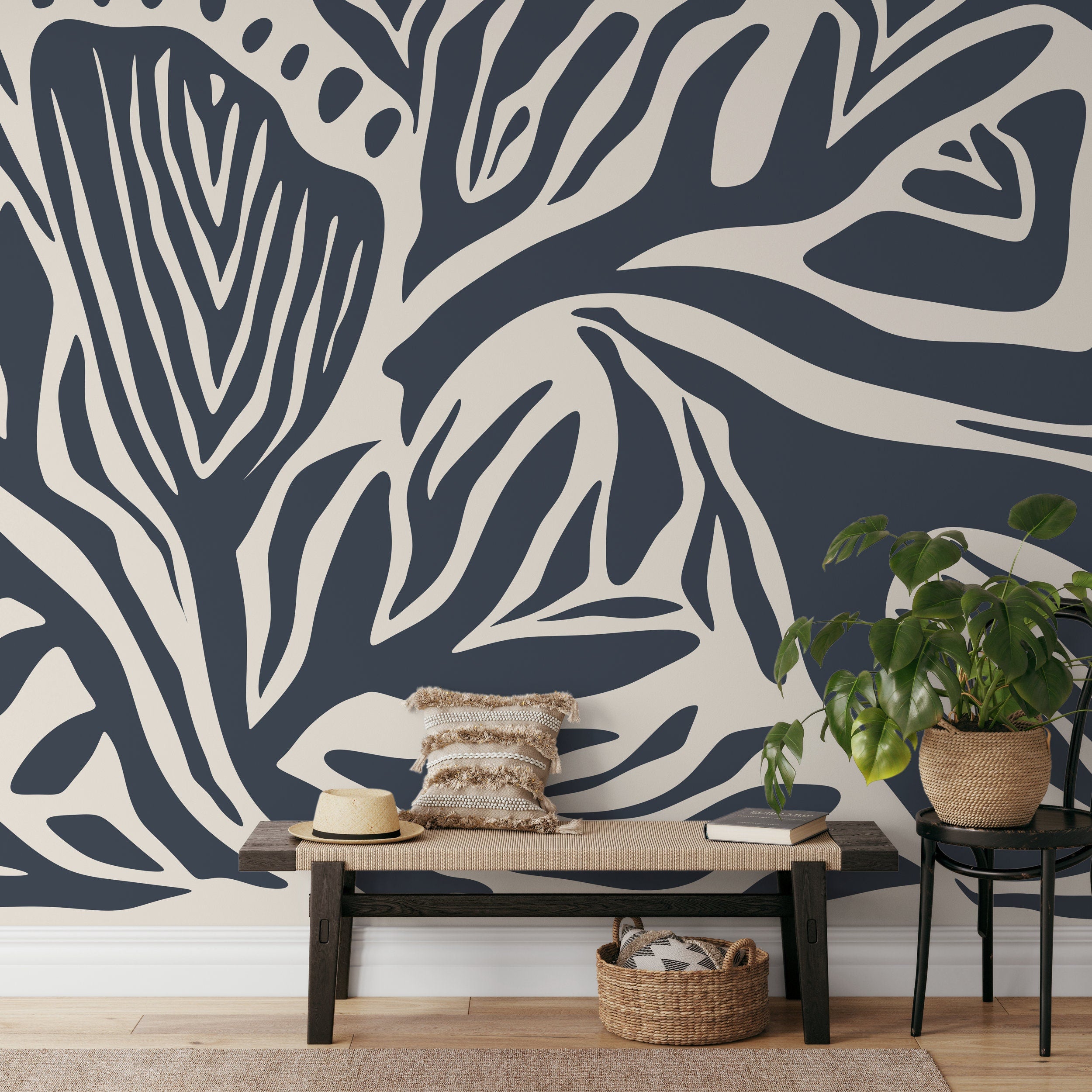 Abstract Wallpaper Featuring Bold Botanical Stripes In Gray Blue And Cream - D693