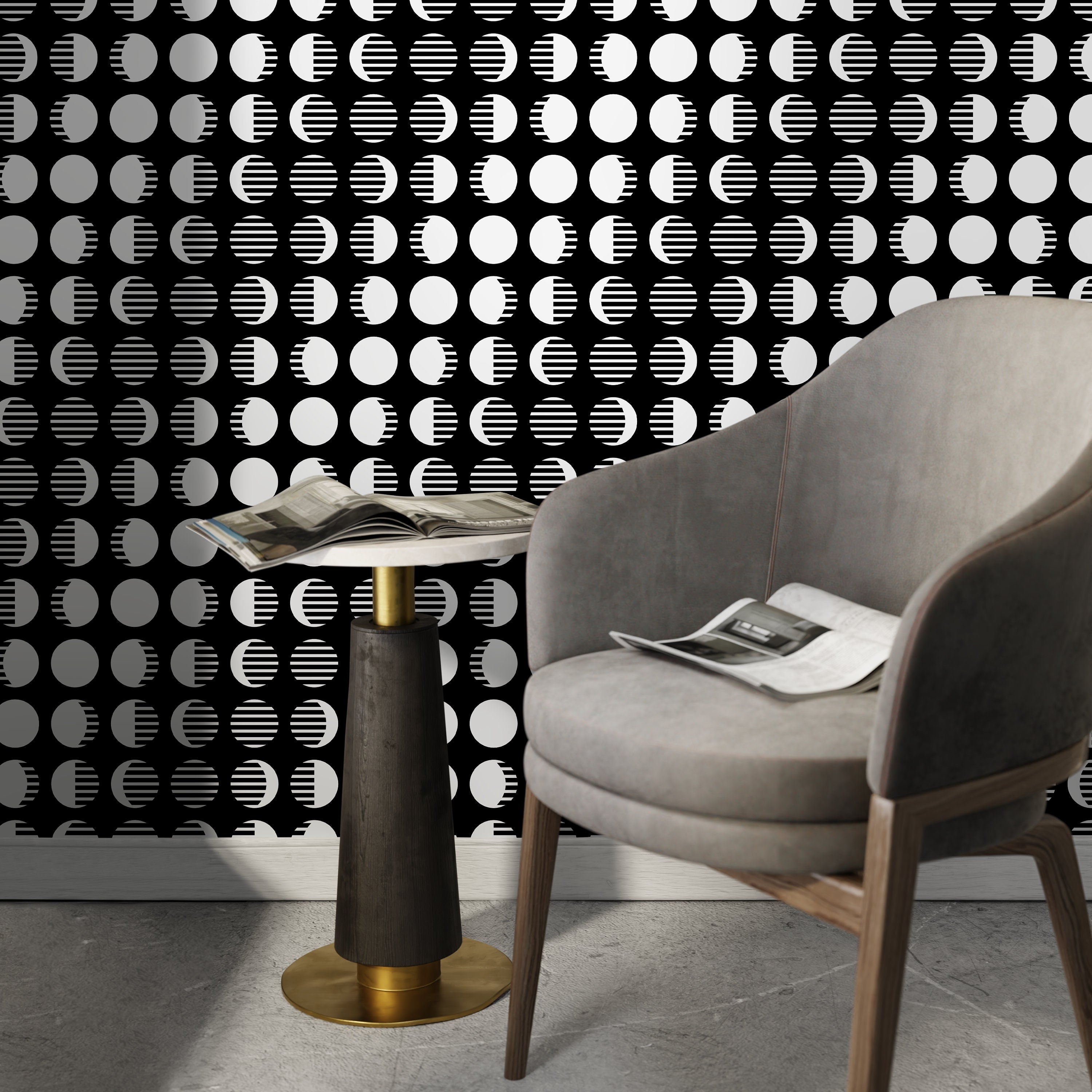 Celestial Wallpaper With A Modern Moon Phase Motif In Black And White - D941