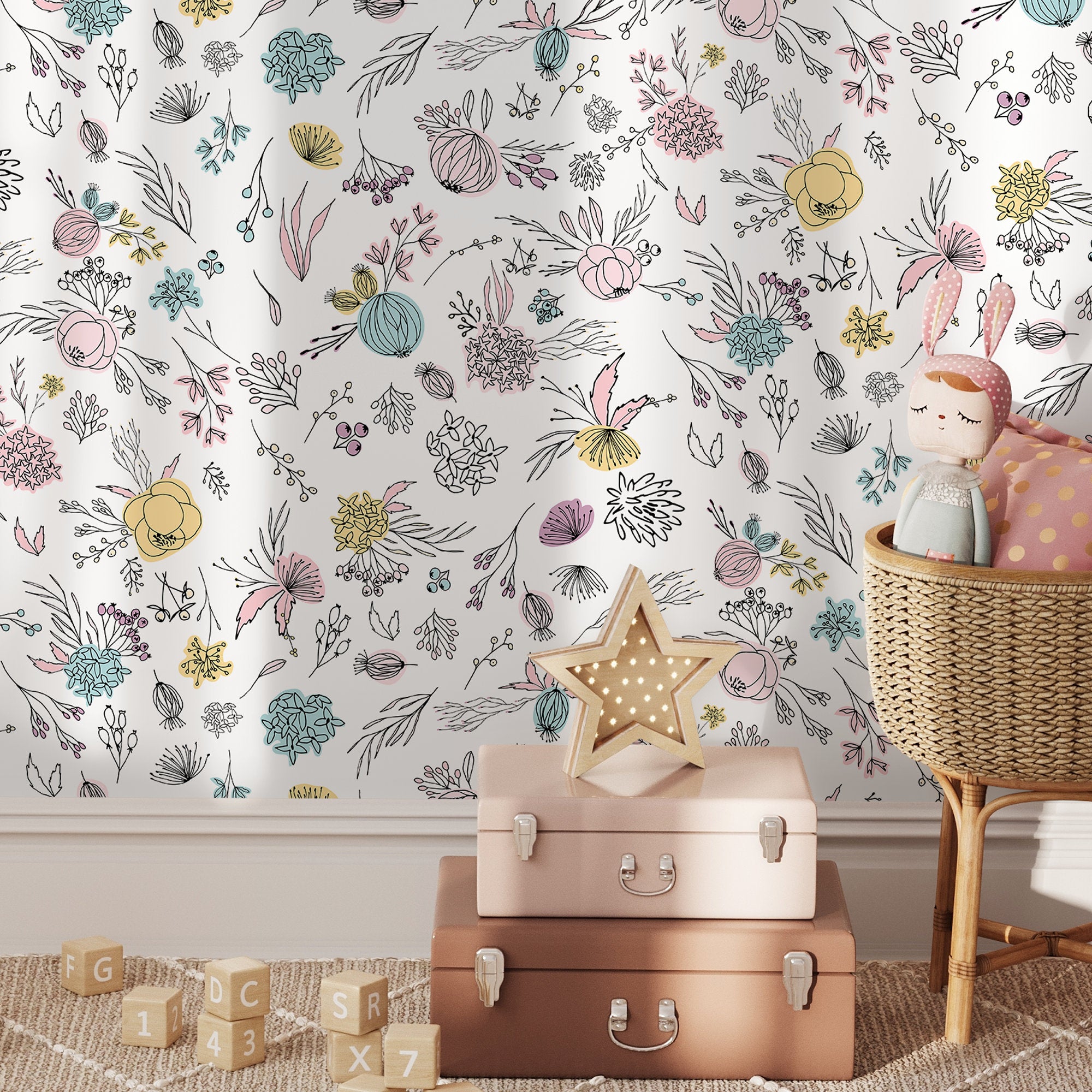 Floral Wallpaper With Hand-drawn Blooms In Pink, Blue, And Yellow - A890