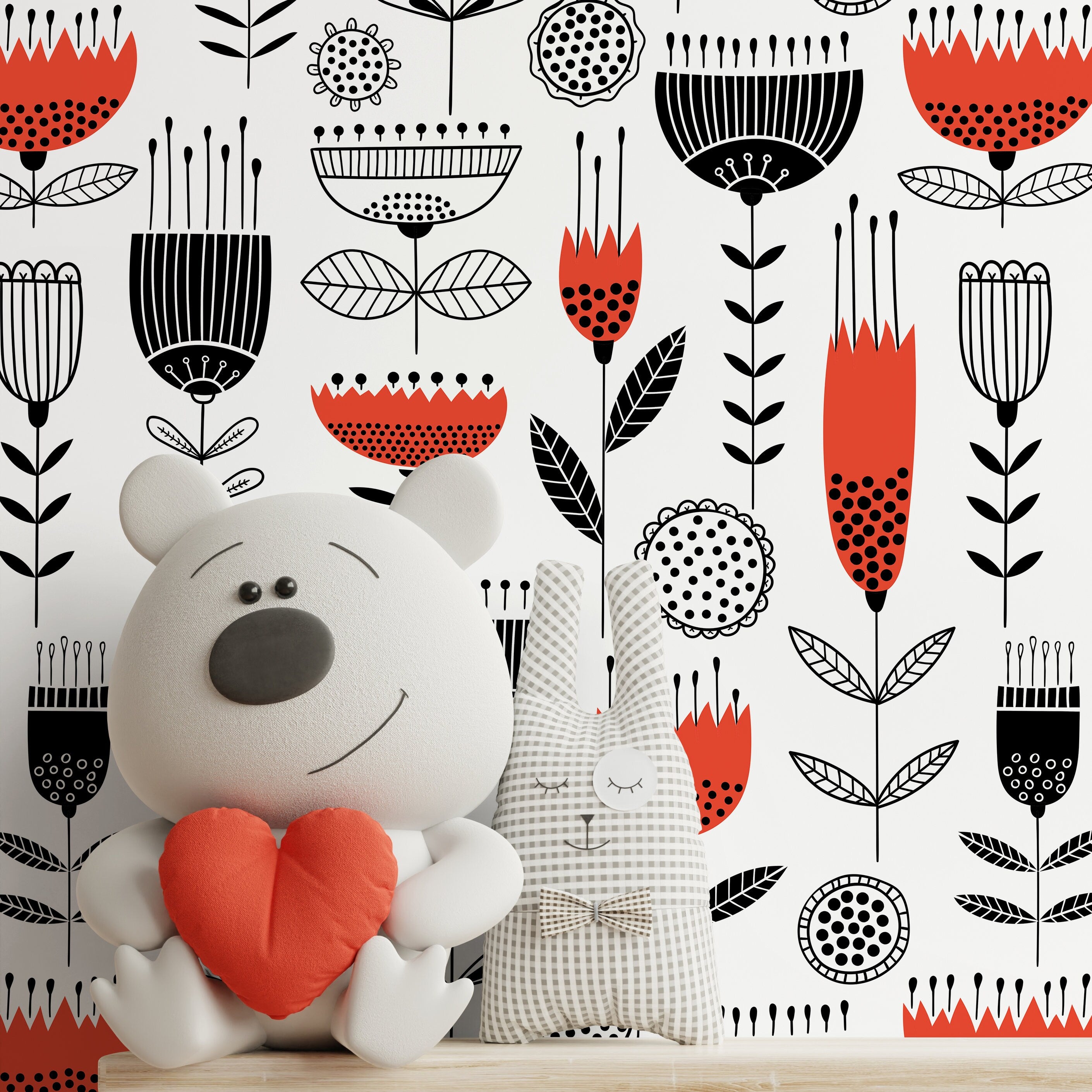 Scandinavian Wallpaper With A Folk Art Floral Motif In Red And Black - A977