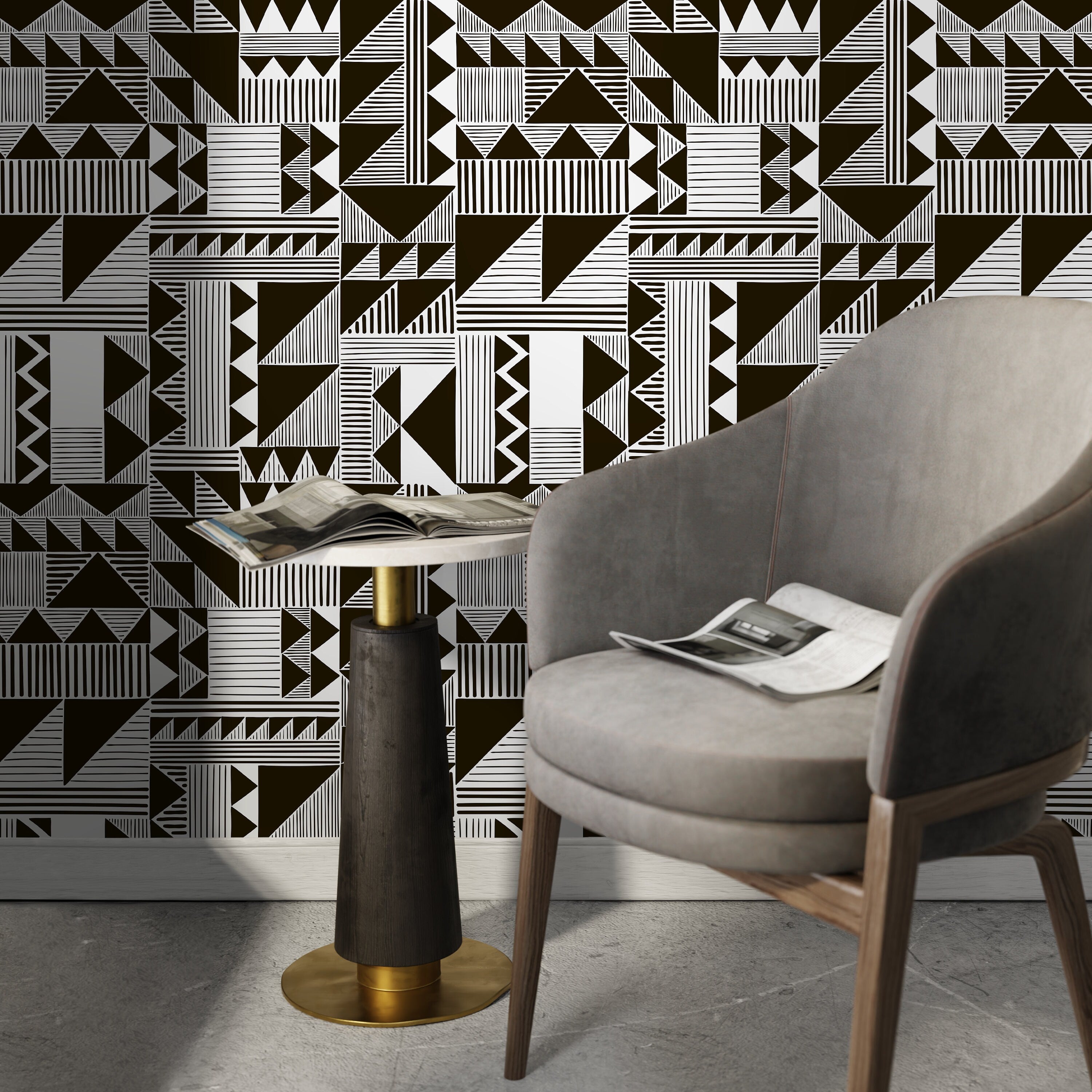Geometric Wallpaper With A Hand-drawn Tribal Motif In Black And White - D947