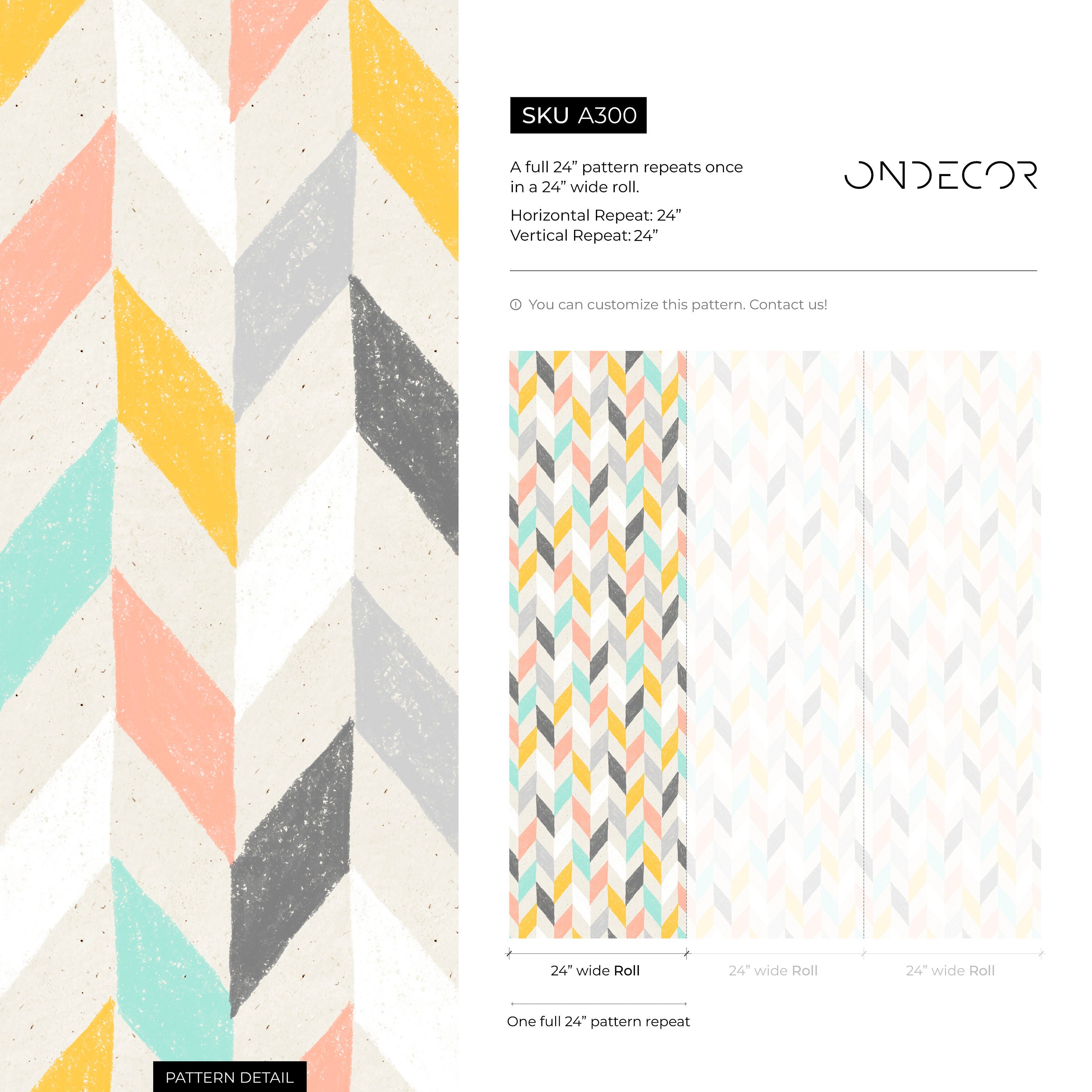 Chevron Wallpaper With A Hand-drawn Motif In Yellow, Pink, And Teal - A300