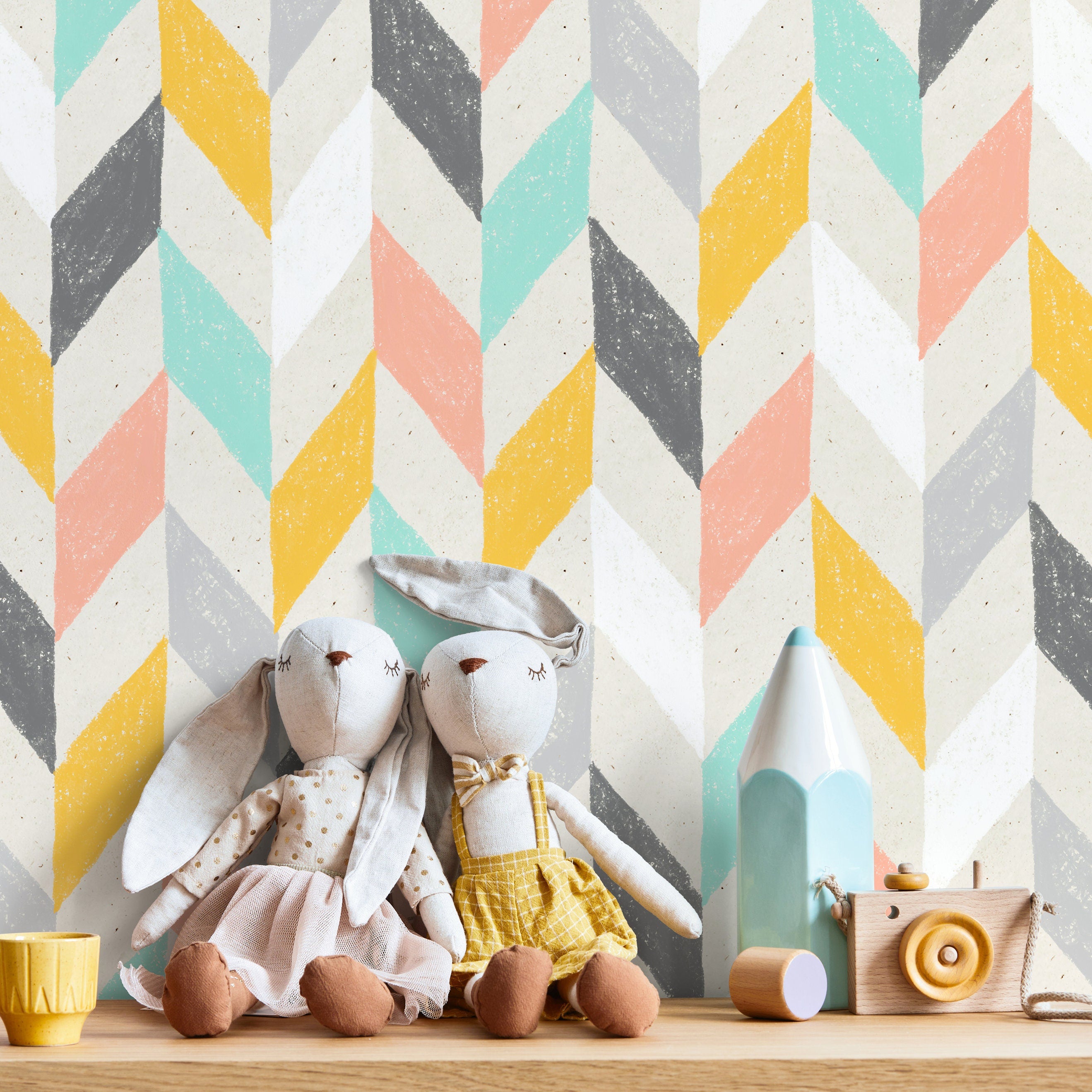 Chevron Wallpaper With A Hand-drawn Motif In Yellow, Pink, And Teal - A300