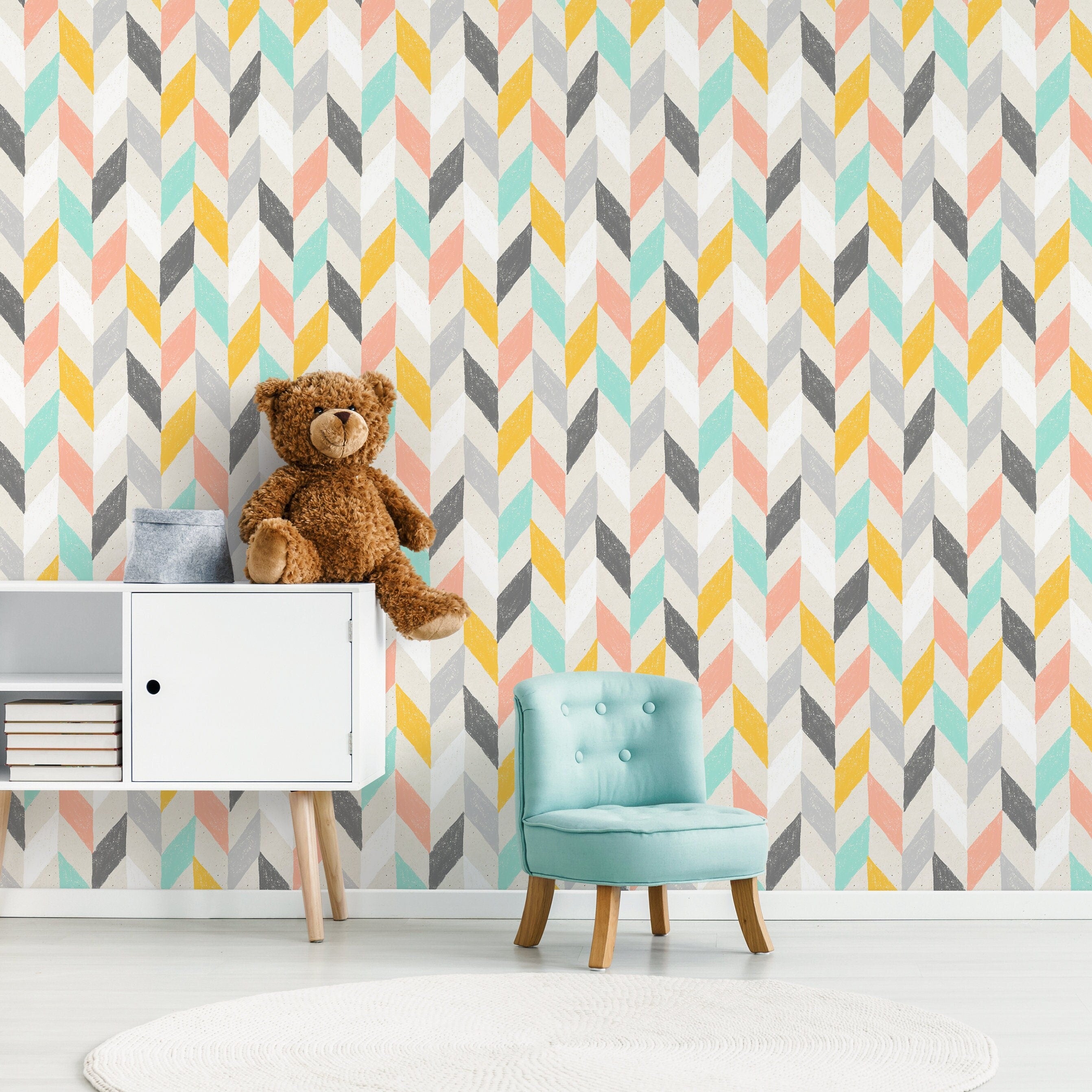 Chevron Wallpaper With A Hand-drawn Motif In Yellow, Pink, And Teal - A300