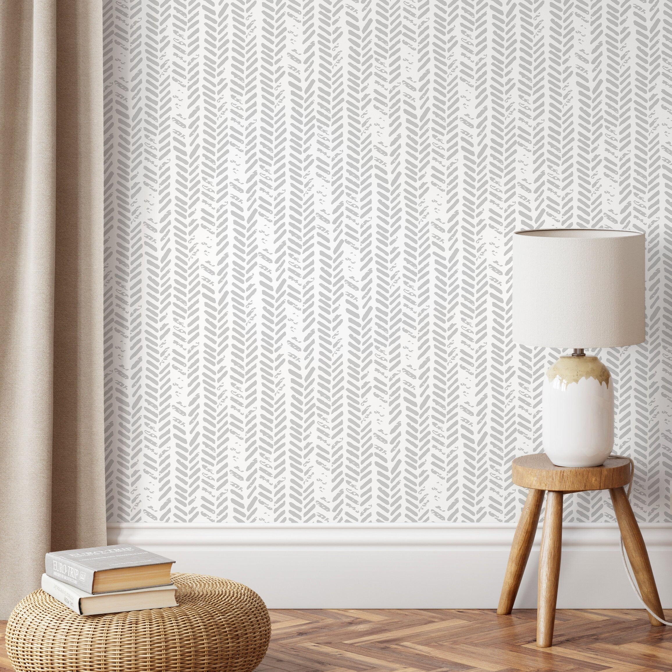 Herringbone Wallpaper With A Grunge Texture In Gray - D953